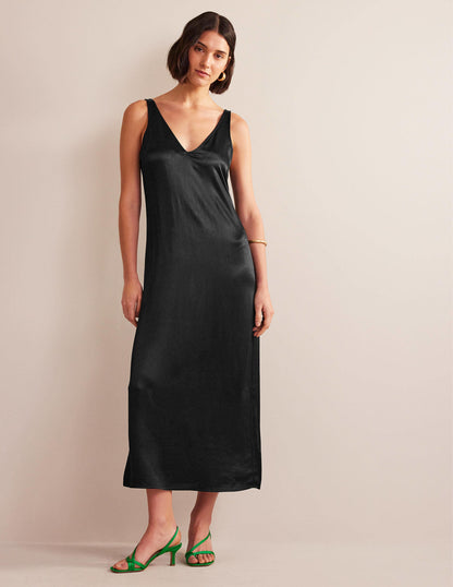 Satin-Maxikleid zum Hineinschlüpfen-Schwarz-1