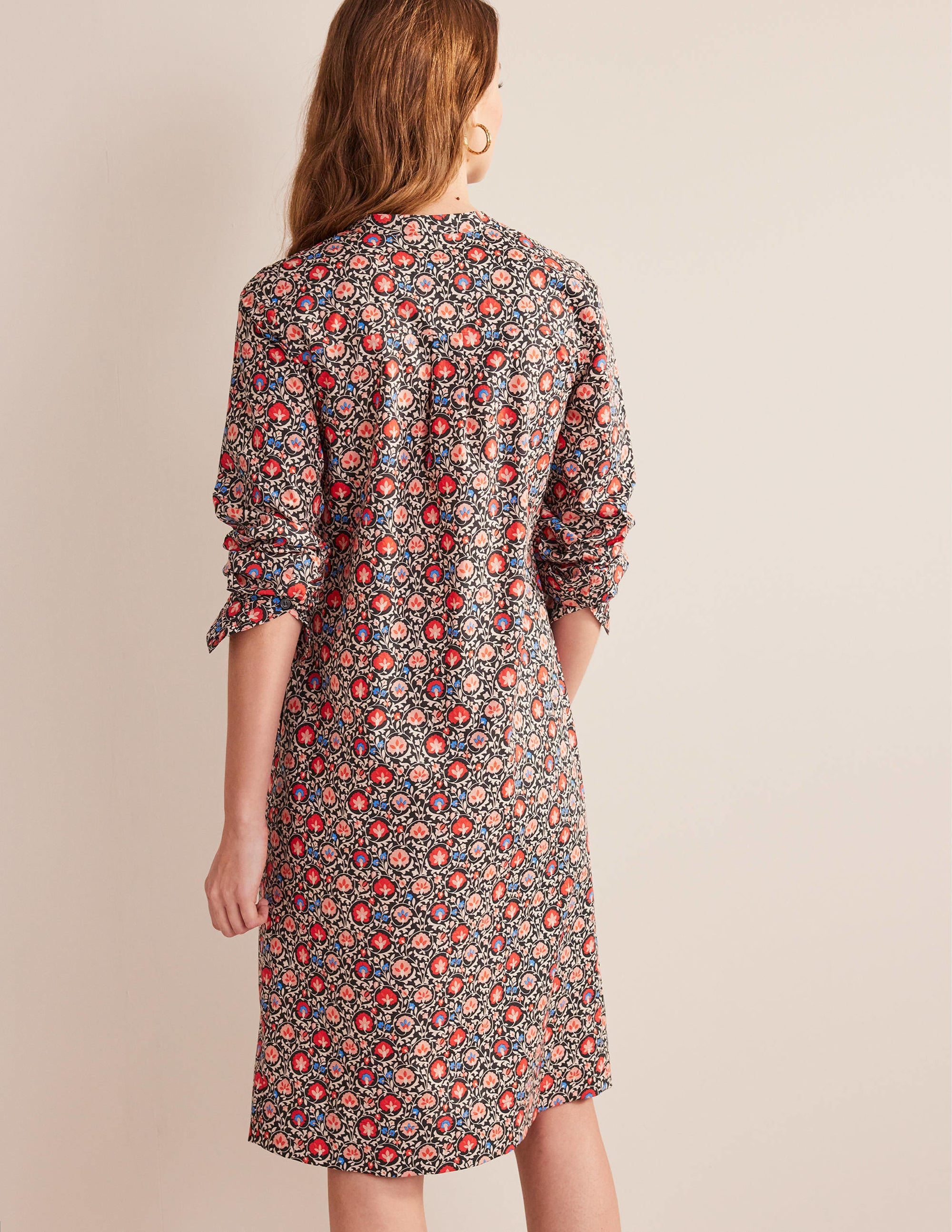 Collarless Midi Shirt Dress-Poinsettia, Enchanting Bloom - Image 3