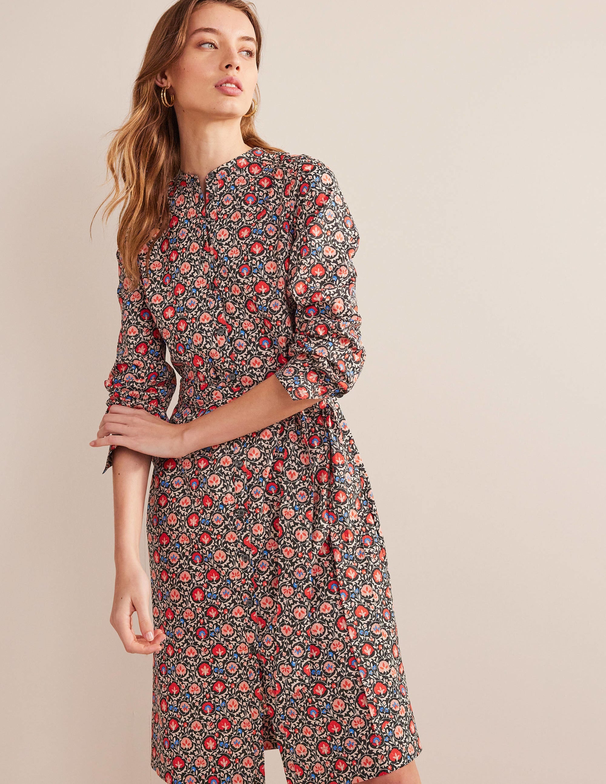 Collarless Midi Shirt Dress-Poinsettia, Enchanting Bloom - Image 4