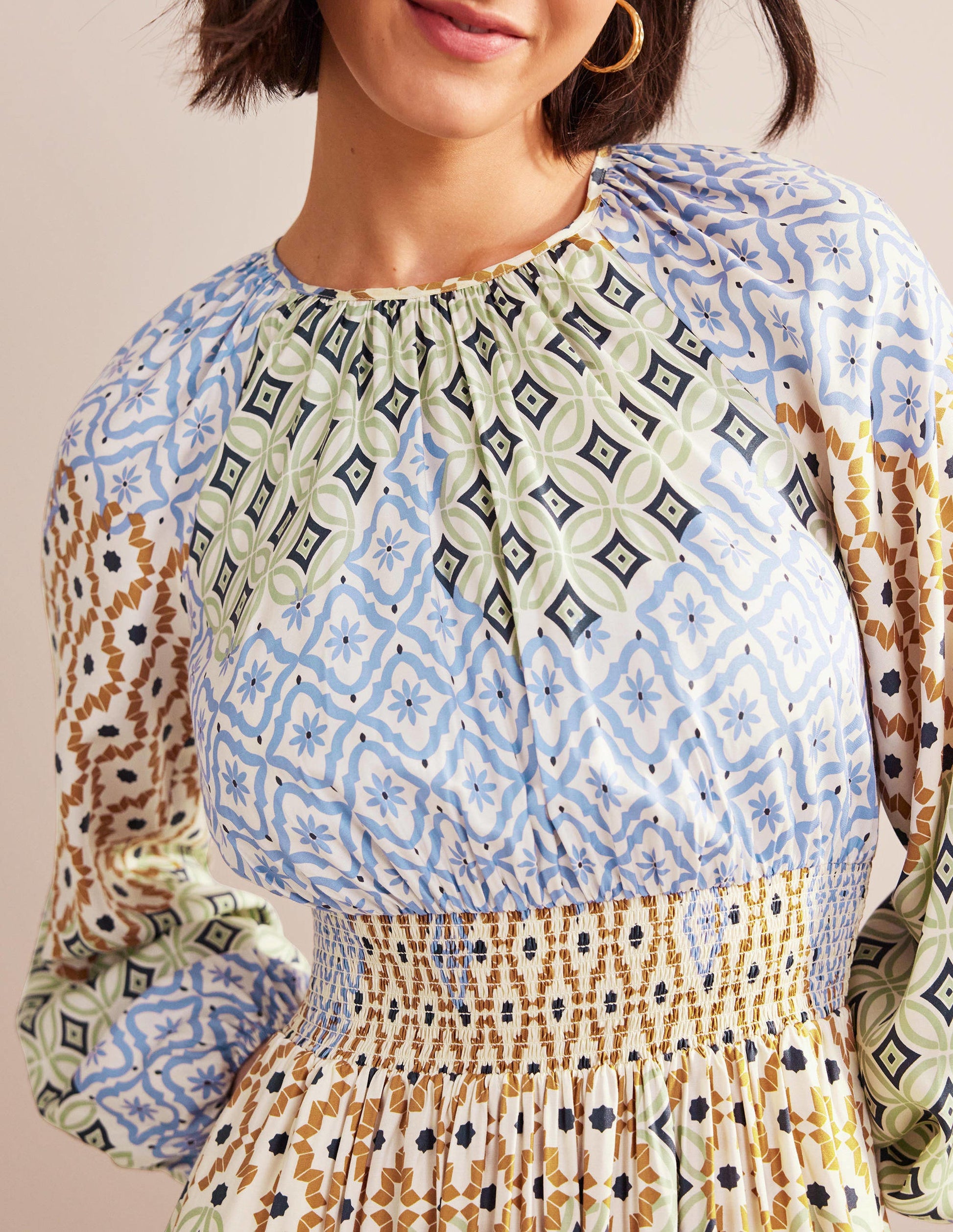 Robe longue à manches raglan et taille smockée-Multi, motif Geo Trance-2