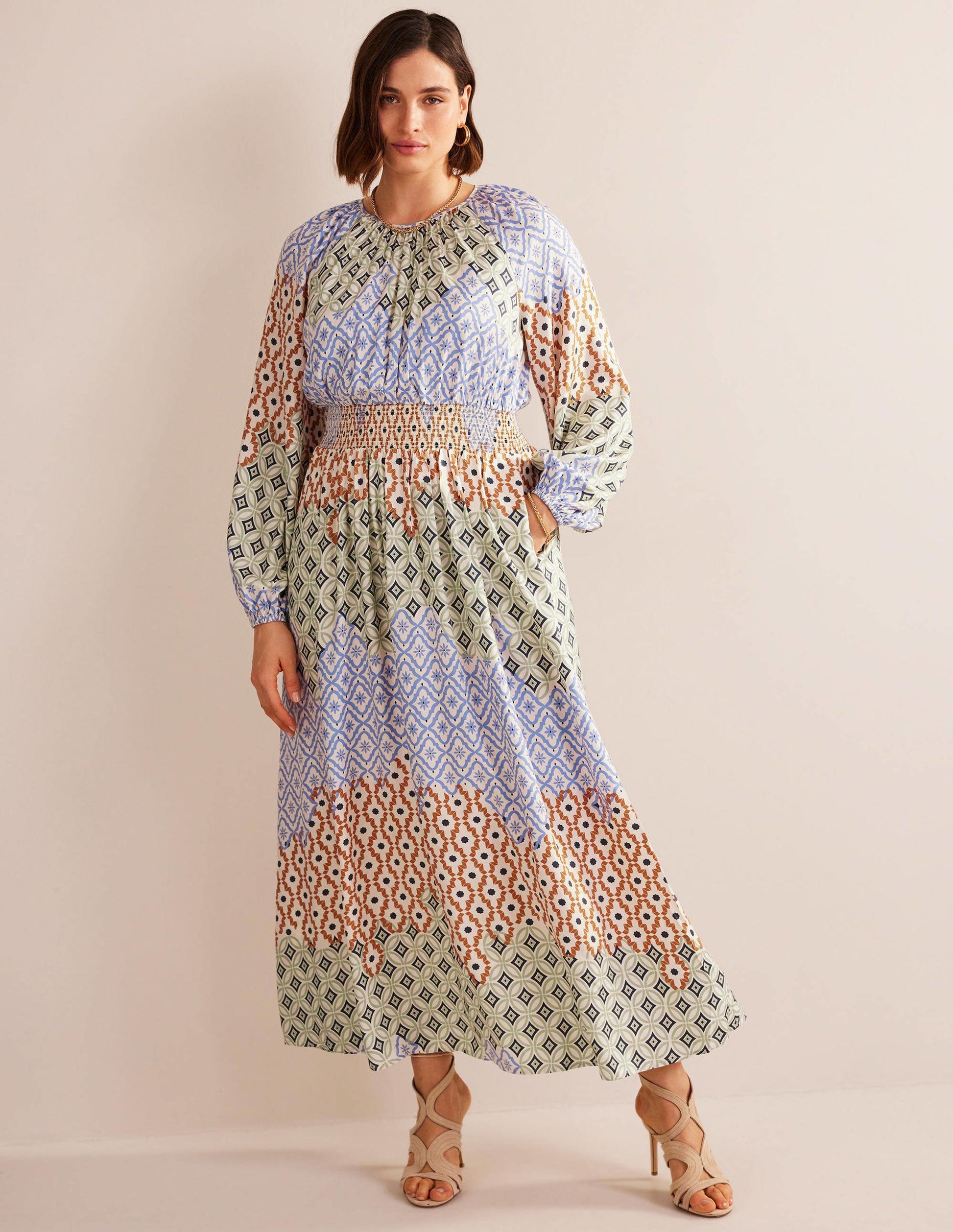Robe longue à manches raglan et taille smockée-Multi, motif Geo Trance-5