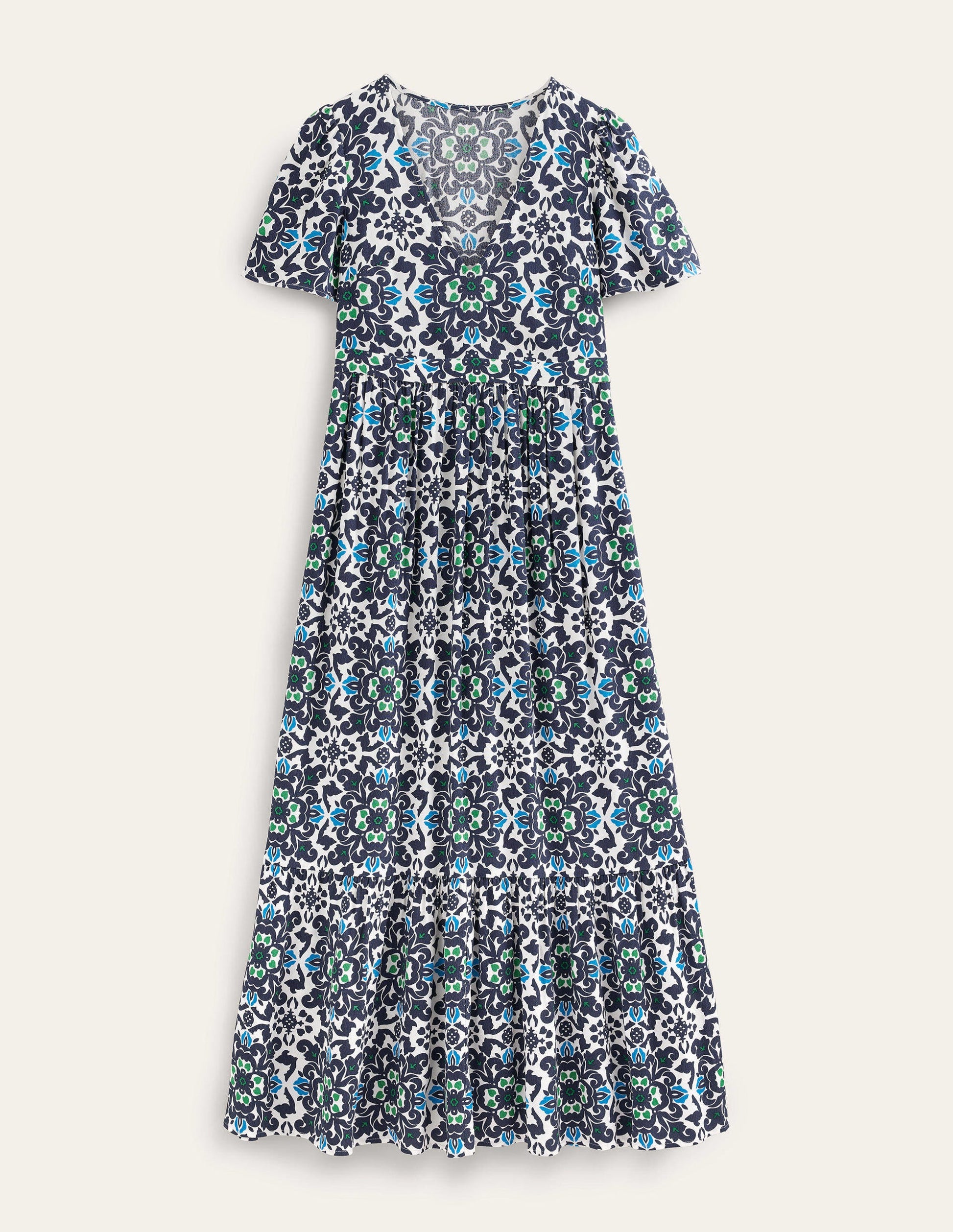 Gestuftes Maxikleid mit V-Ausschnitt-Marineblau, Üppige Blumen-5