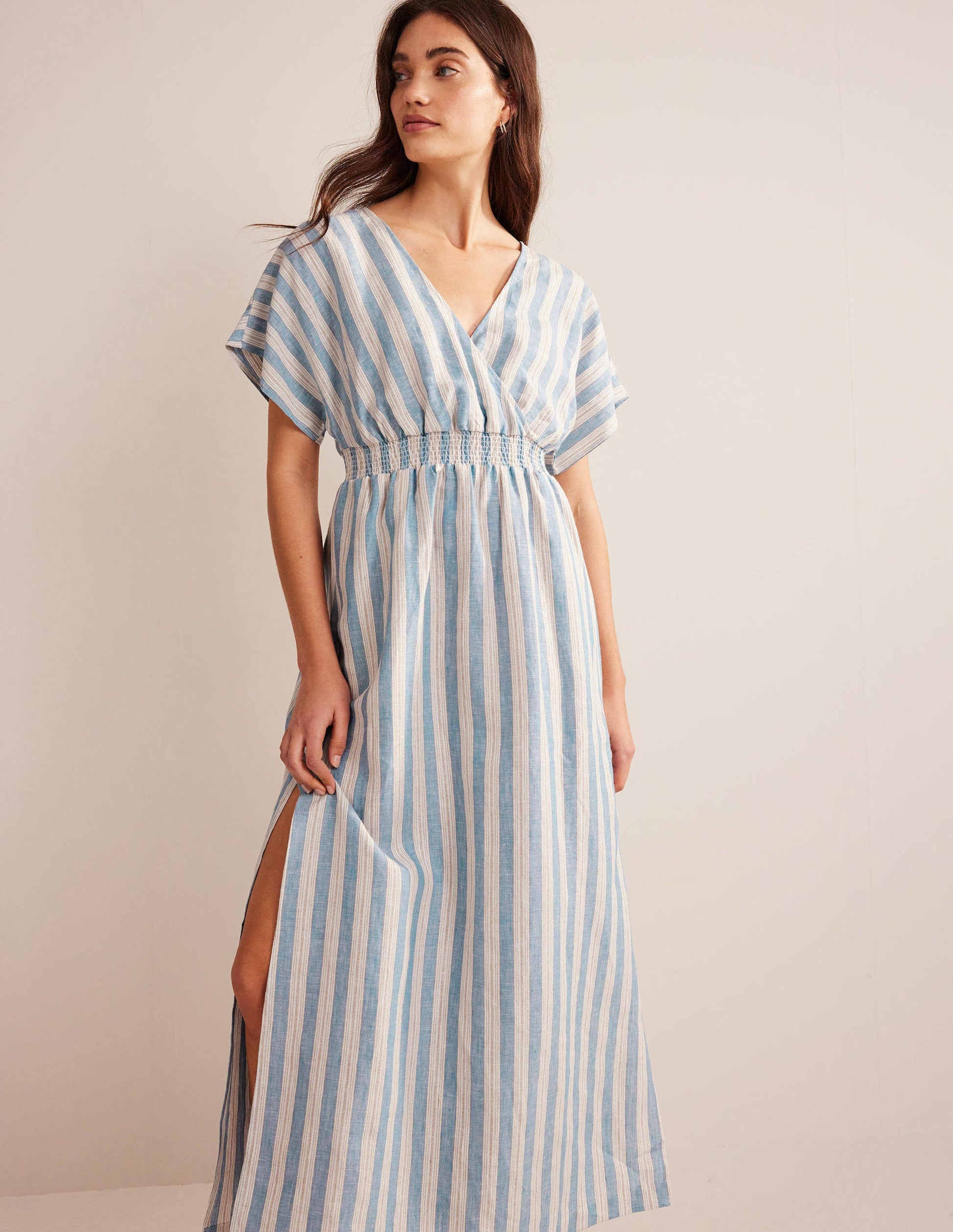 Kaftan-Maxikleid aus Leinen-Porzellanblau, Lurexstreifen-1