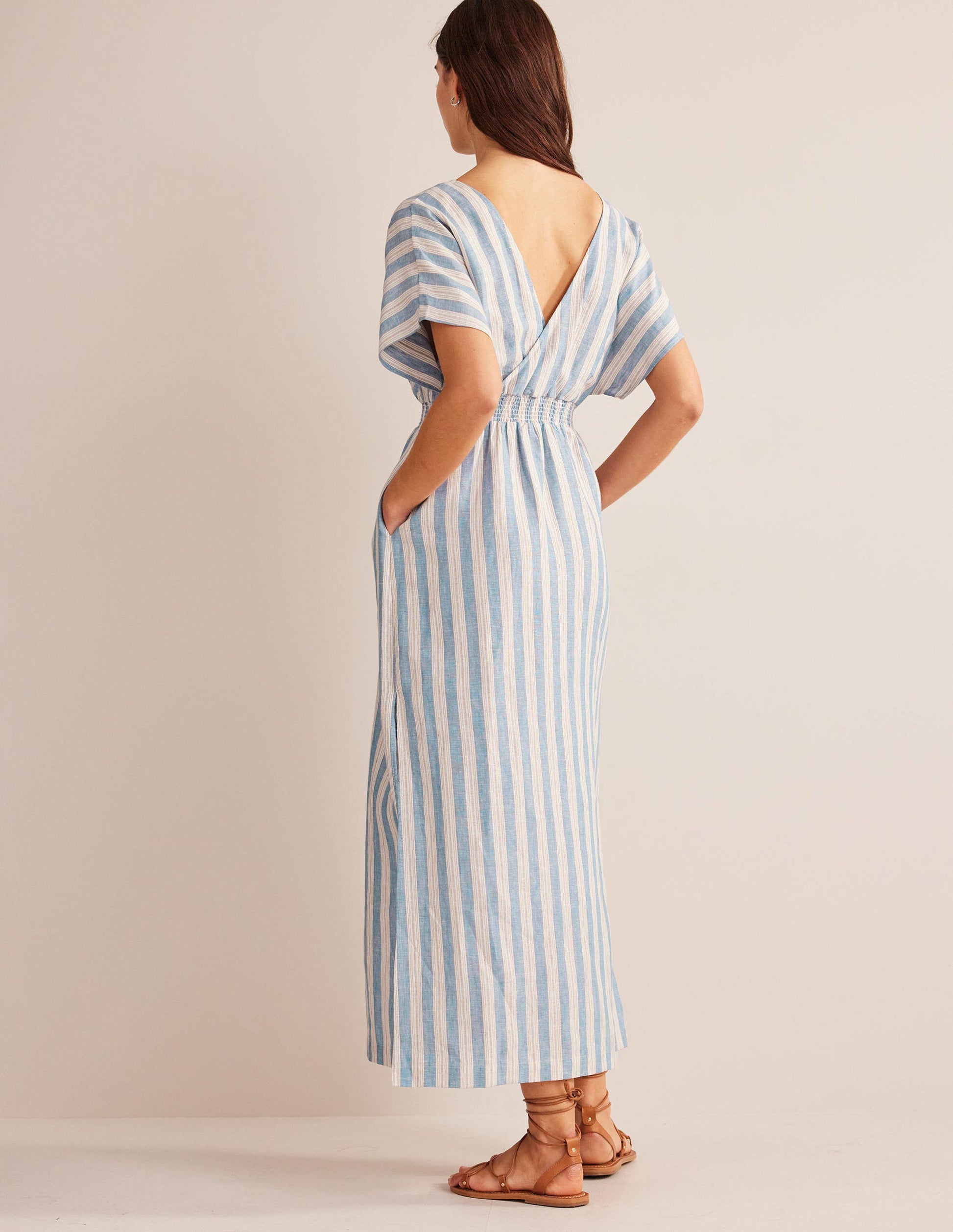 Kaftan-Maxikleid aus Leinen-Porzellanblau, Lurexstreifen-3