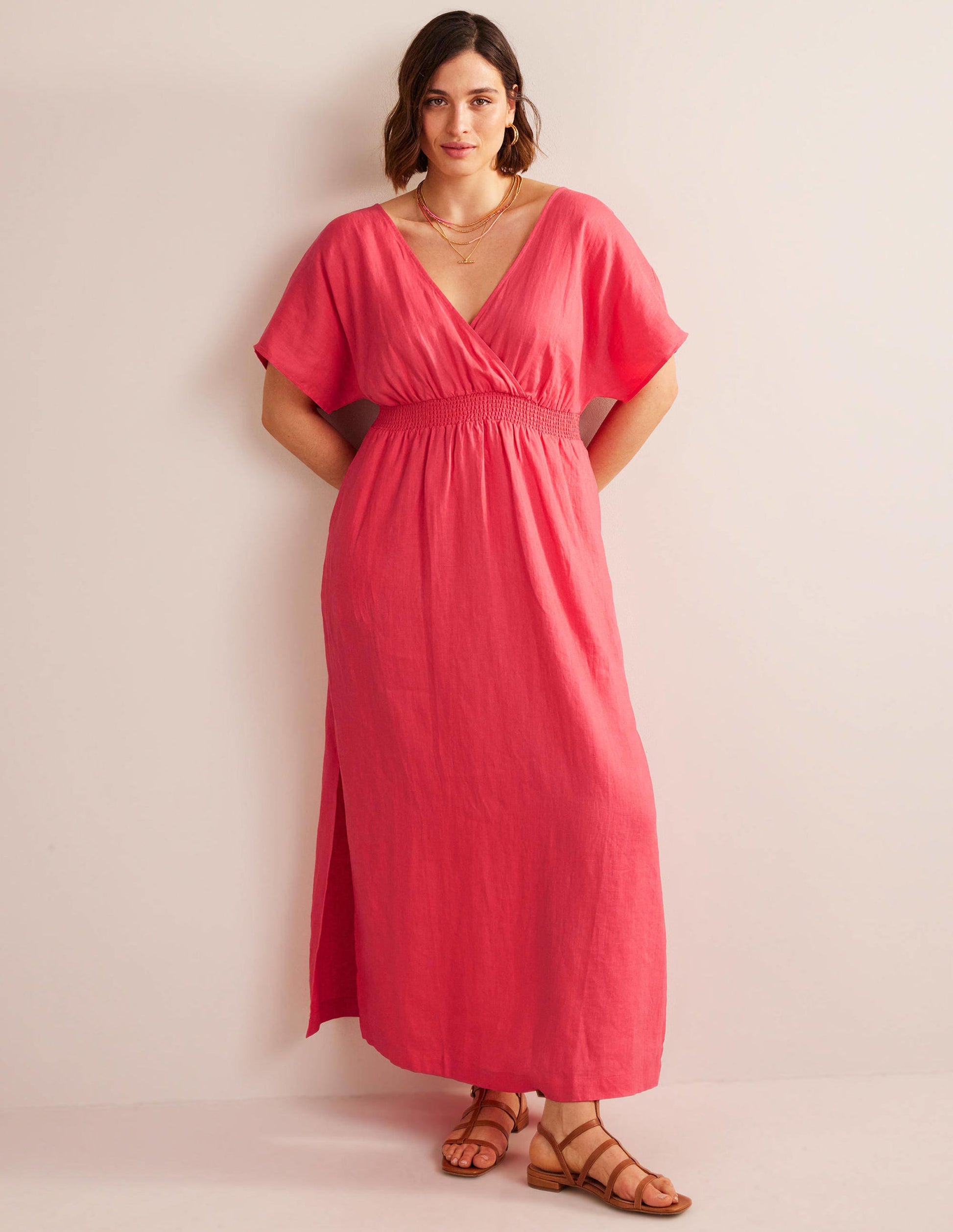Kaftan-Maxikleid aus Leinen-Korallenrosa-5