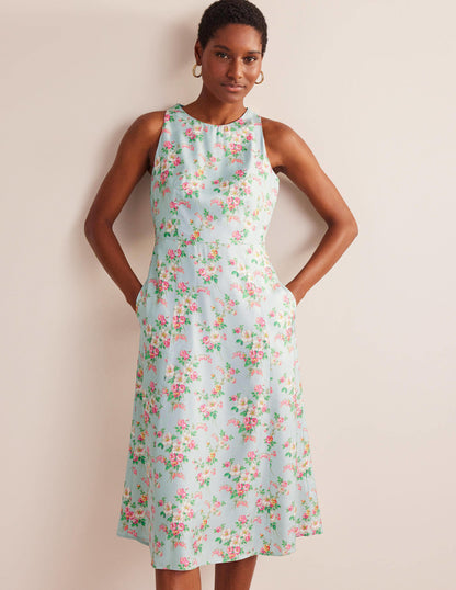Midikleid mit schmaler Taille und weitem Rock-Blassgrün, Vintage-Blumen