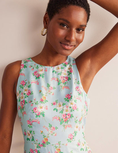 Midikleid mit schmaler Taille und weitem Rock-Blassgrün, Vintage-Blumen