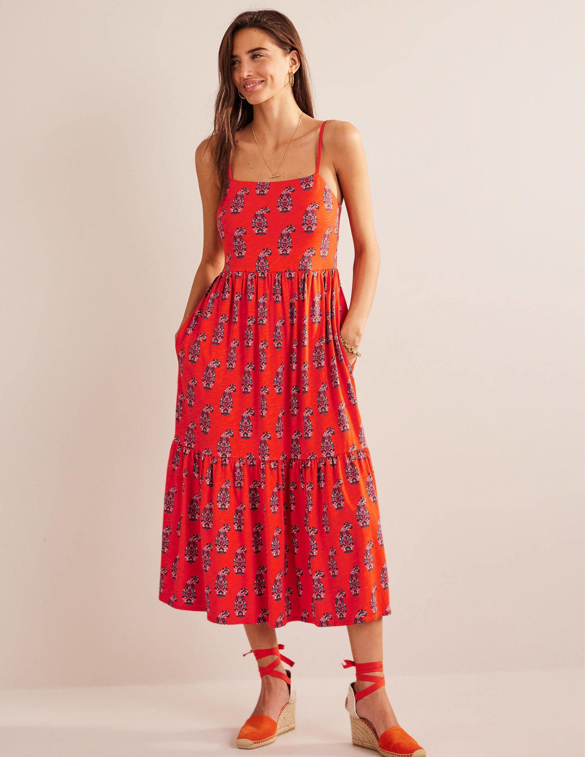 Jersey-Midikleid mit Trägern-Blutorange, Paisleymuster-2