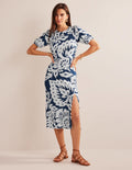 Jersey-Midikleid mit Rückendetail-Saphirblau, Eichenblattmuster