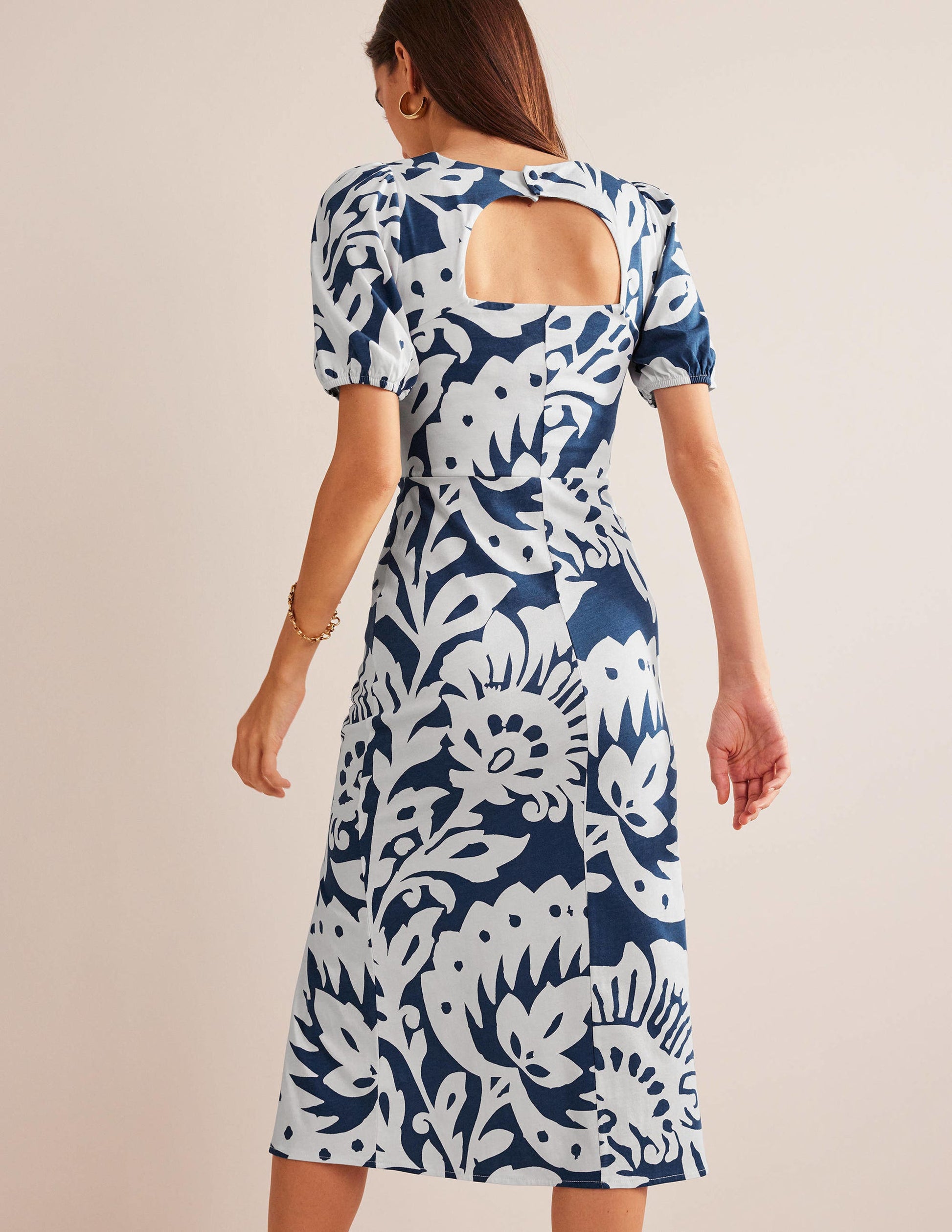 Jersey-Midikleid mit Rückendetail-Saphirblau, Eichenblattmuster-3