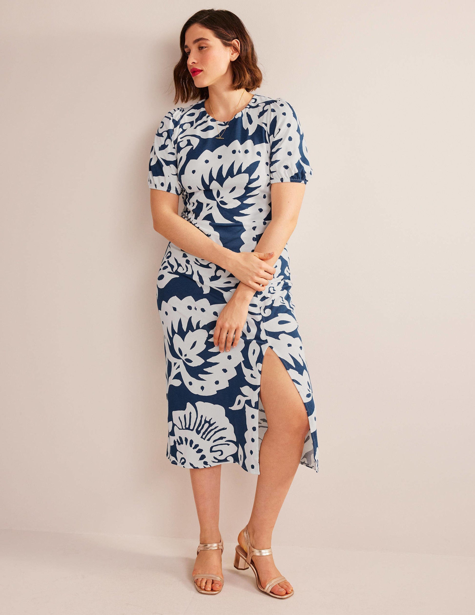 Jersey-Midikleid mit Rückendetail-Saphirblau, Eichenblattmuster-5