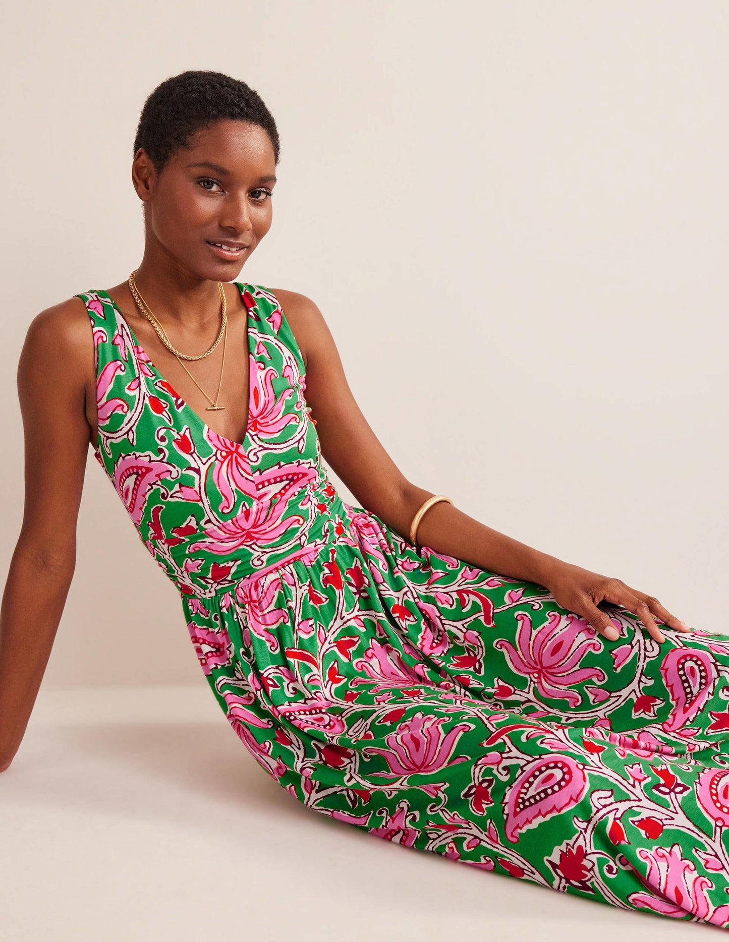 Ärmelloses Jersey-Maxikleid-Limettengrün, Botanikmuster