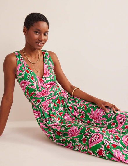 Ärmelloses Jersey-Maxikleid-Limettengrün, Botanikmuster