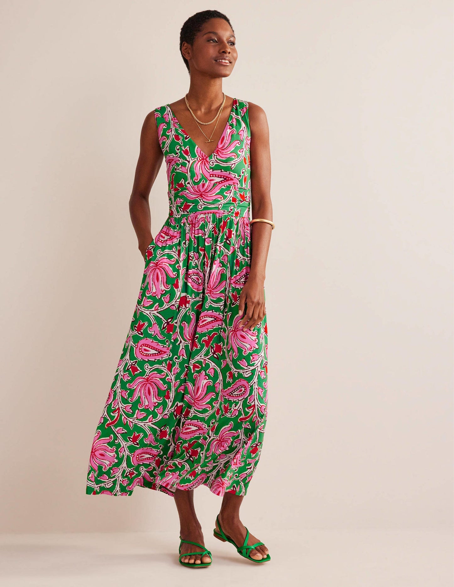 Ärmelloses Jersey-Maxikleid-Limettengrün, Botanikmuster
