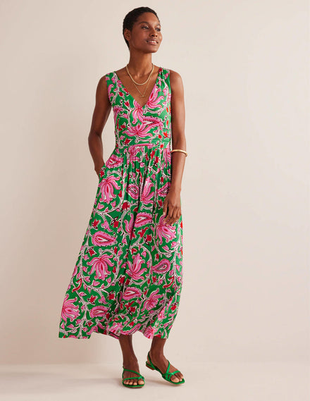 Ärmelloses Jersey-Maxikleid-Limettengrün, Botanikmuster