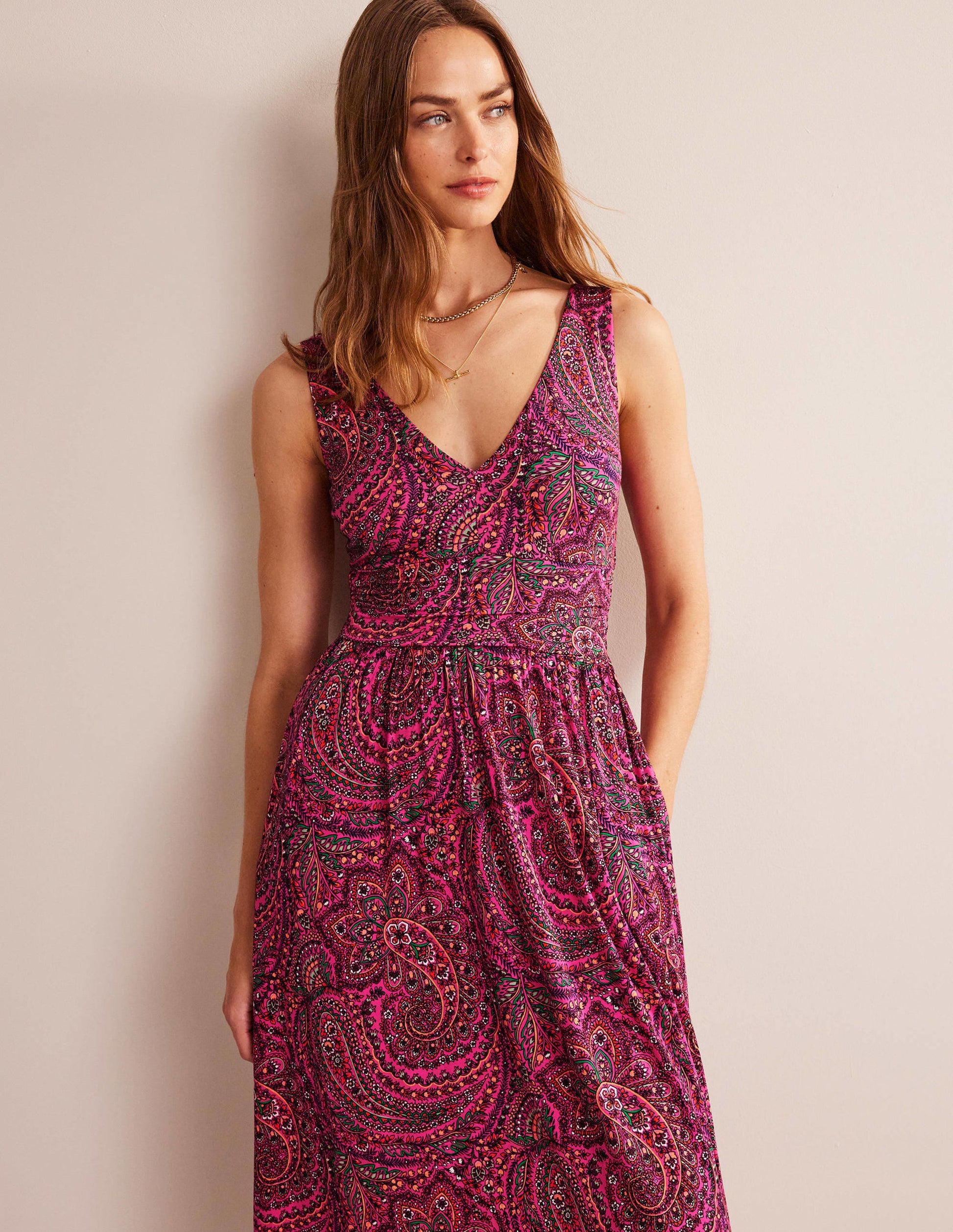 Ärmelloses Jersey-Maxikleid-Sattes Pink, Wirbelmuster-4