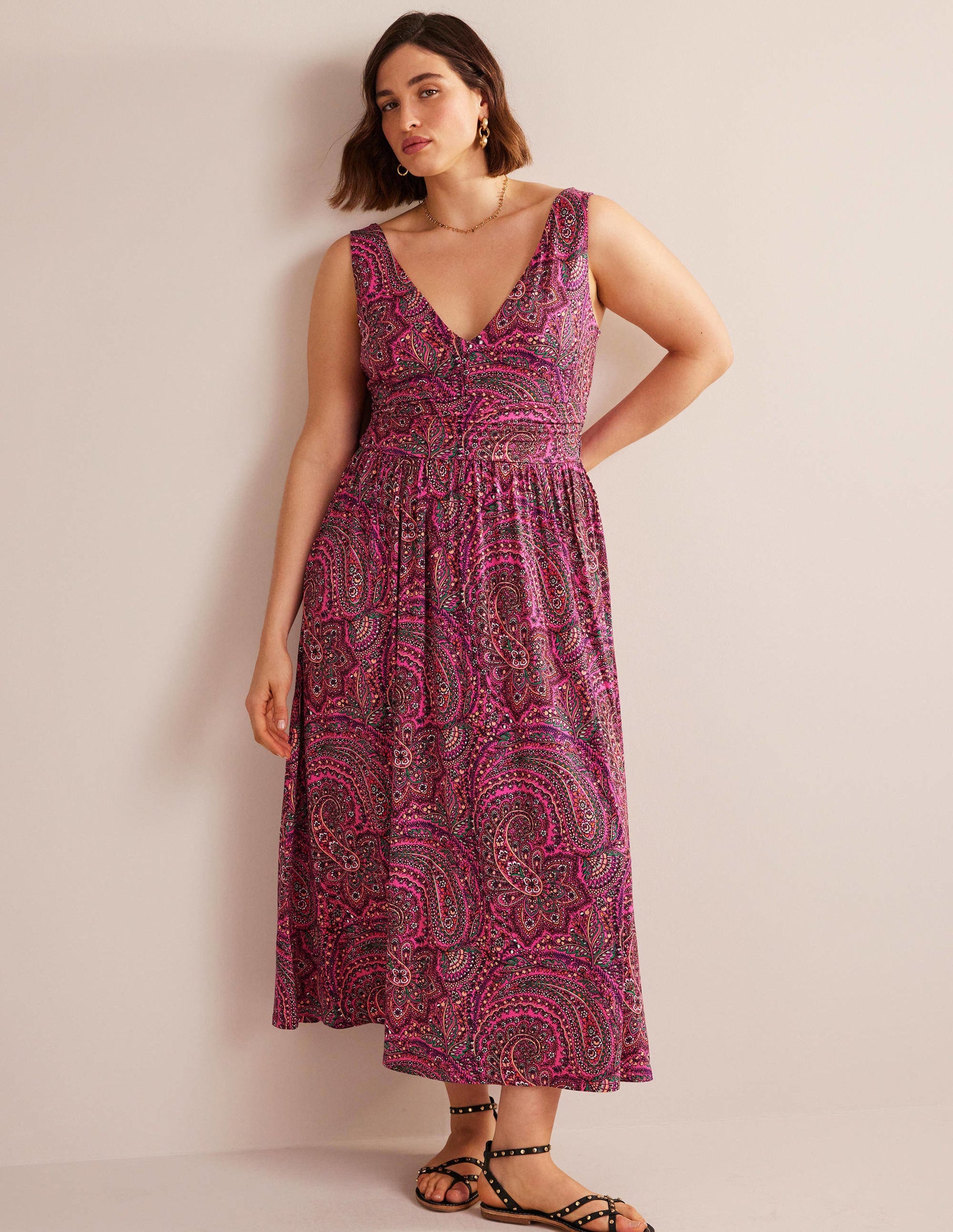 Ärmelloses Jersey-Maxikleid-Sattes Pink, Wirbelmuster-5