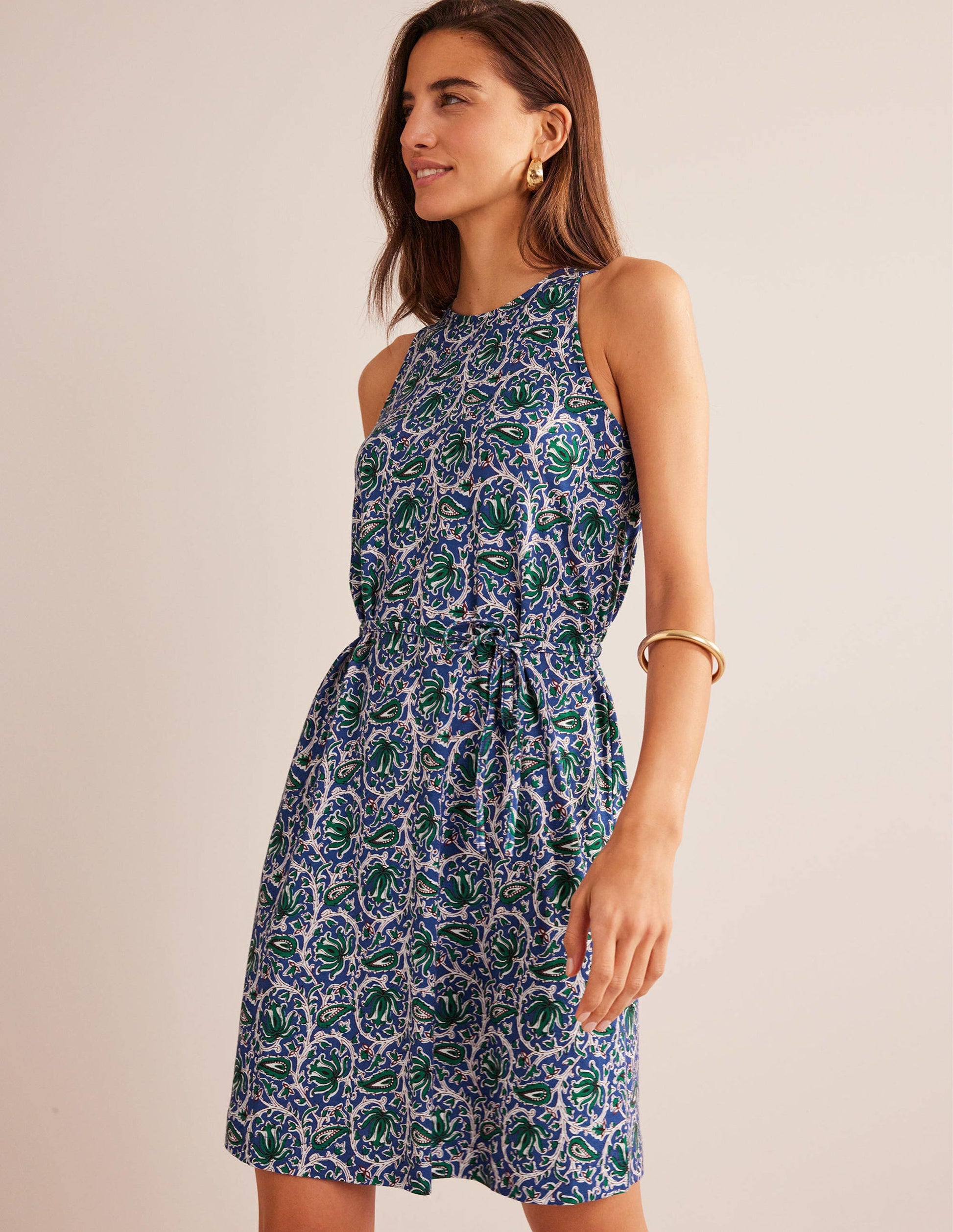 Robe trapèze en jersey-Bleu vague, motif Botanic Vine-4