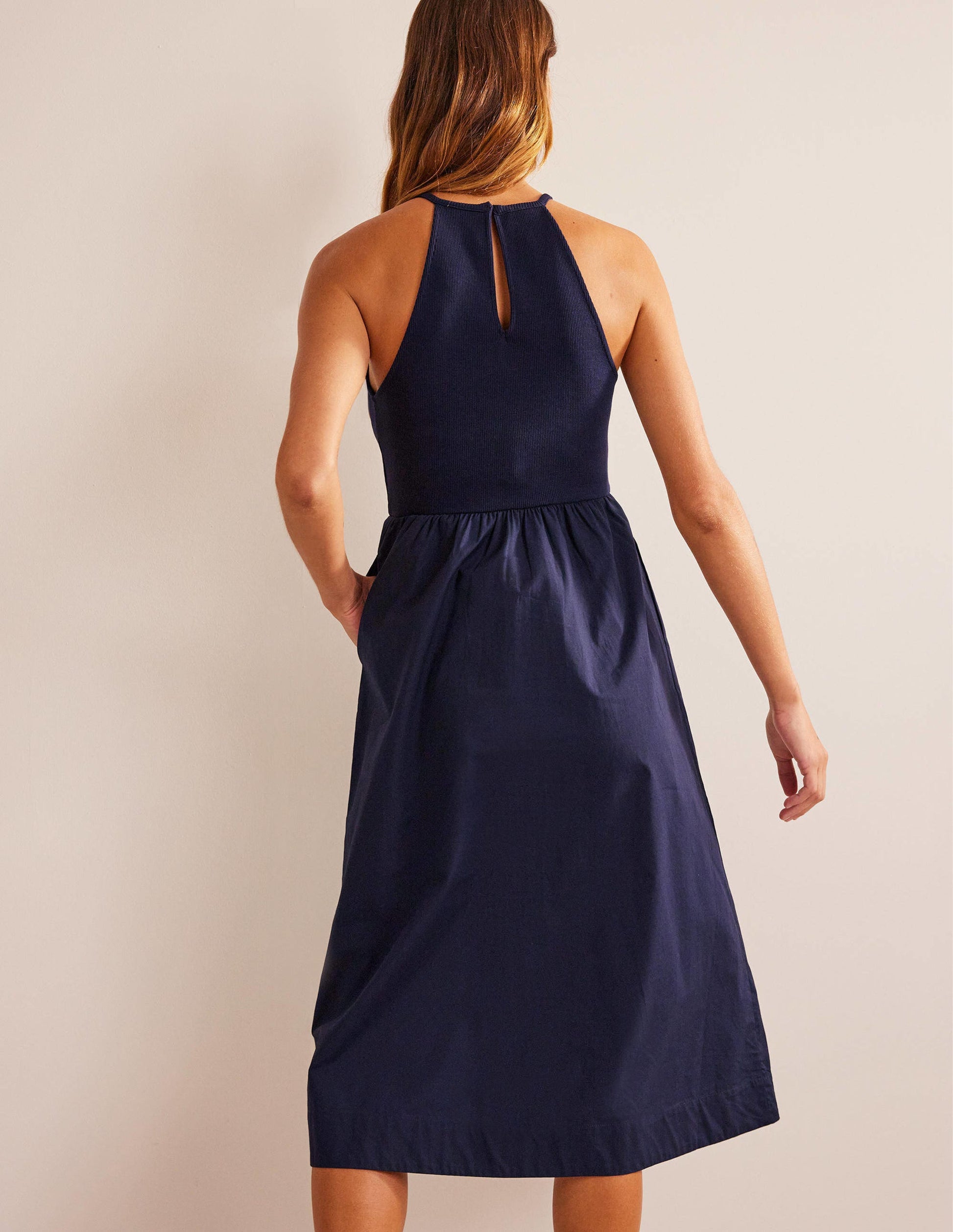 Robe midi dos-nu côtelé-Bleu marine-3