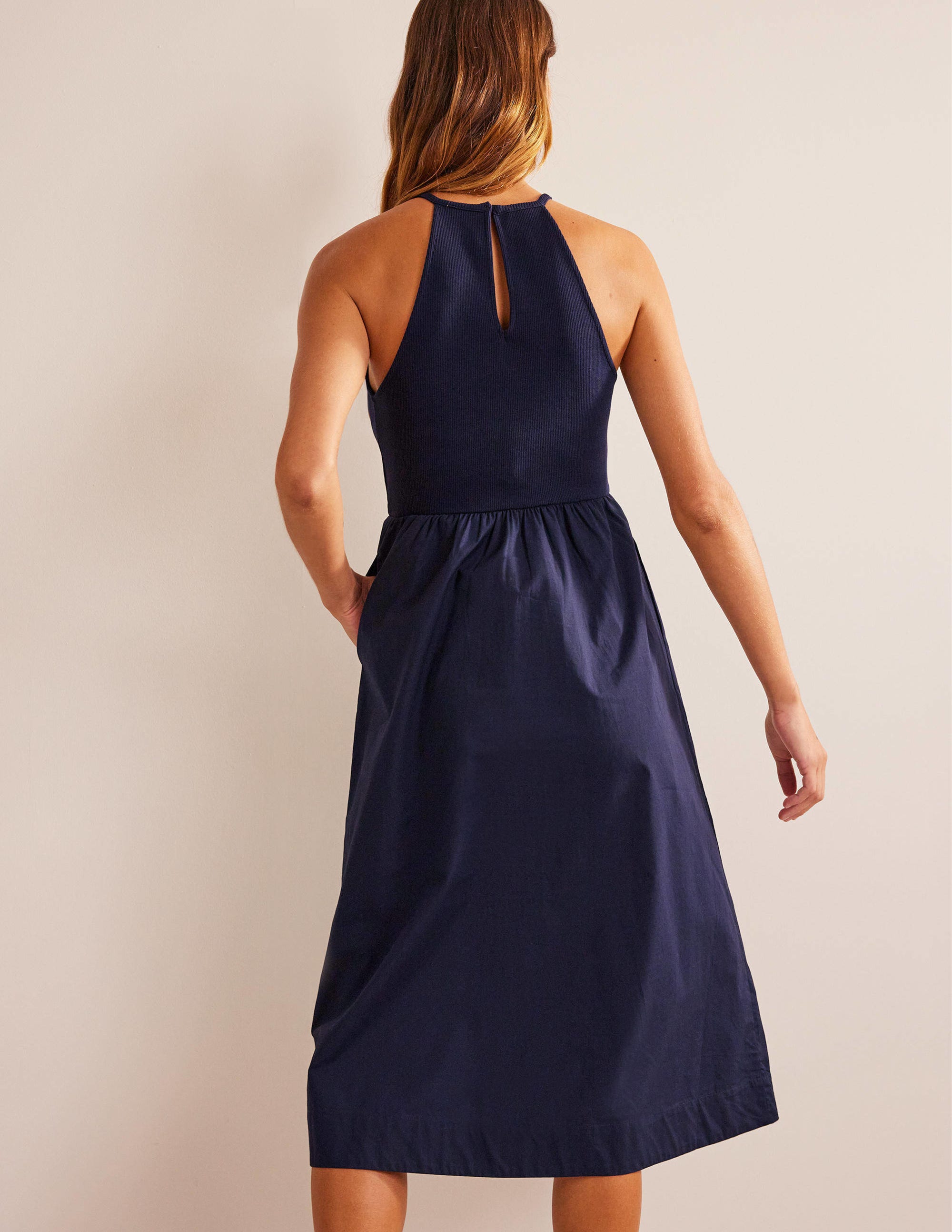 Robe midi dos-nu côtelé-Bleu marine - Image 3