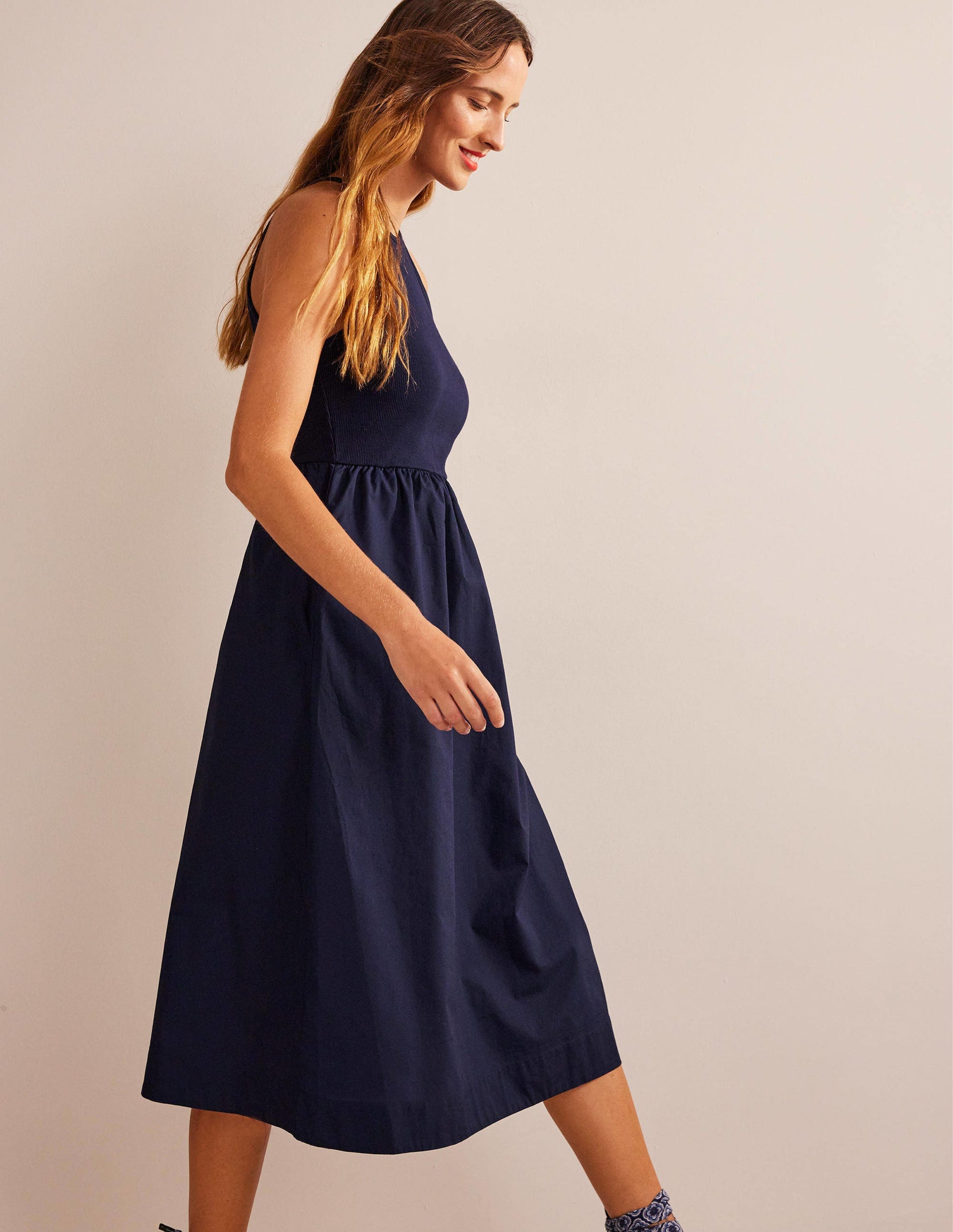 Robe midi dos-nu côtelé-Bleu marine-4