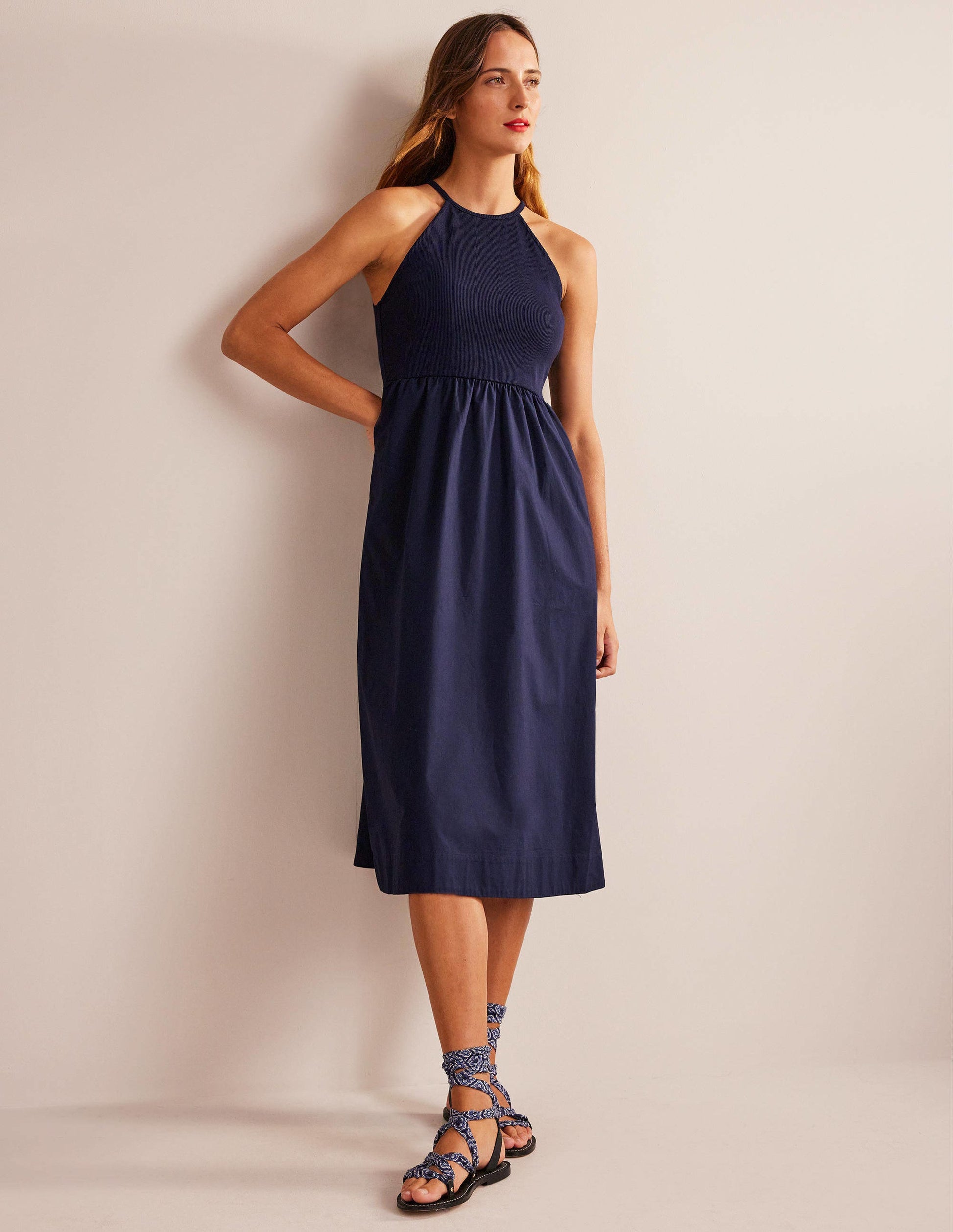 Robe midi dos-nu côtelé-Bleu marine-5