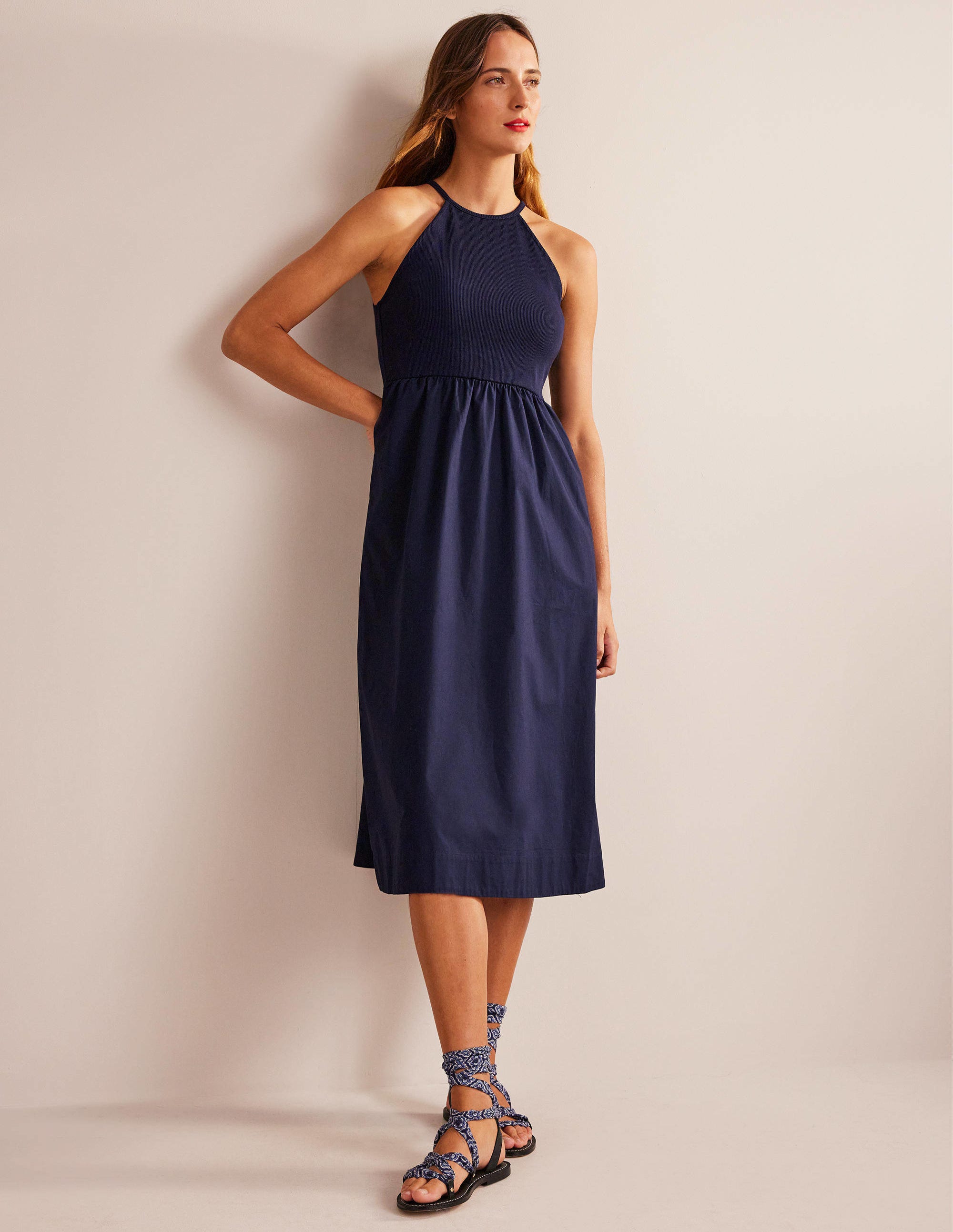 Robe midi dos-nu côtelé-Bleu marine - Image 5