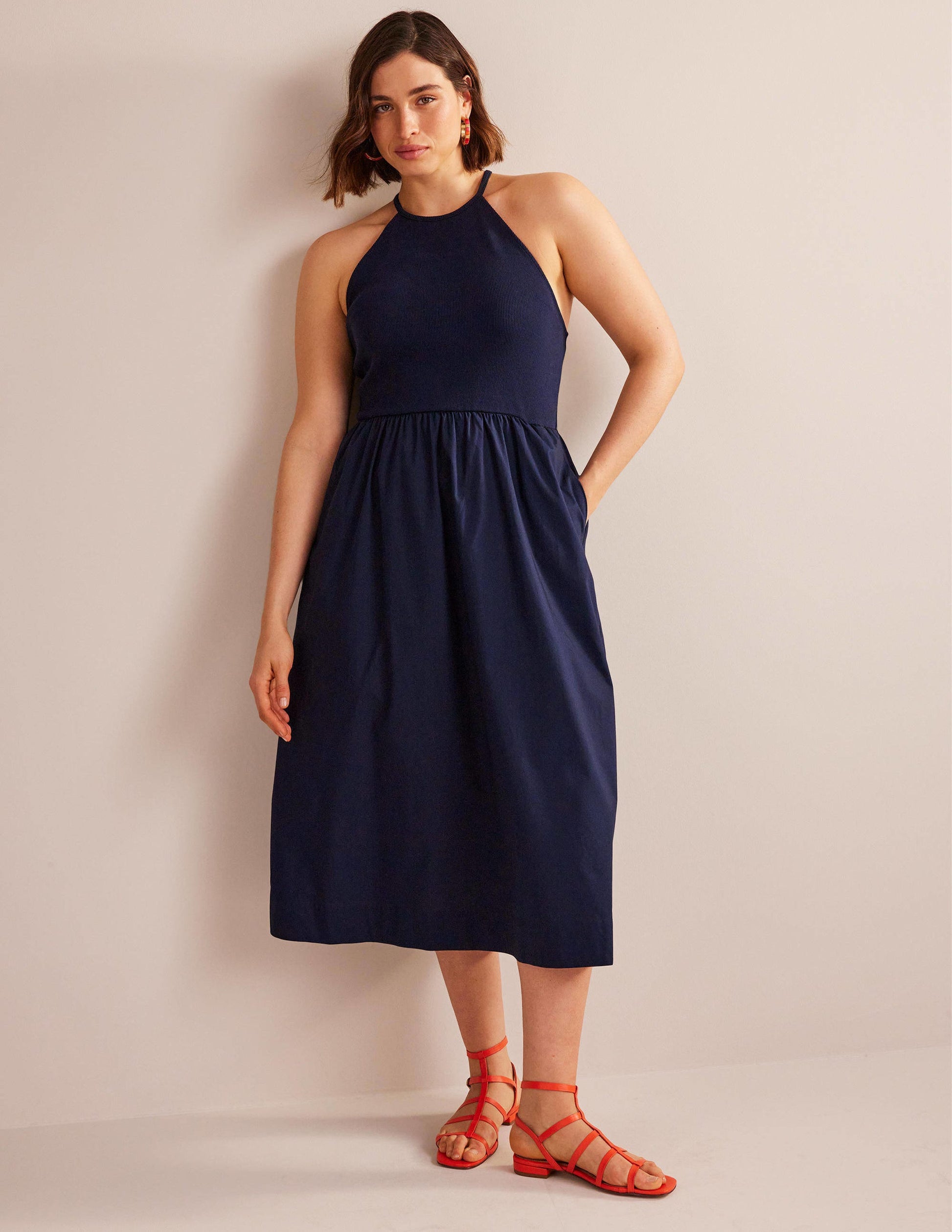 Robe midi dos-nu côtelé-Bleu marine-6