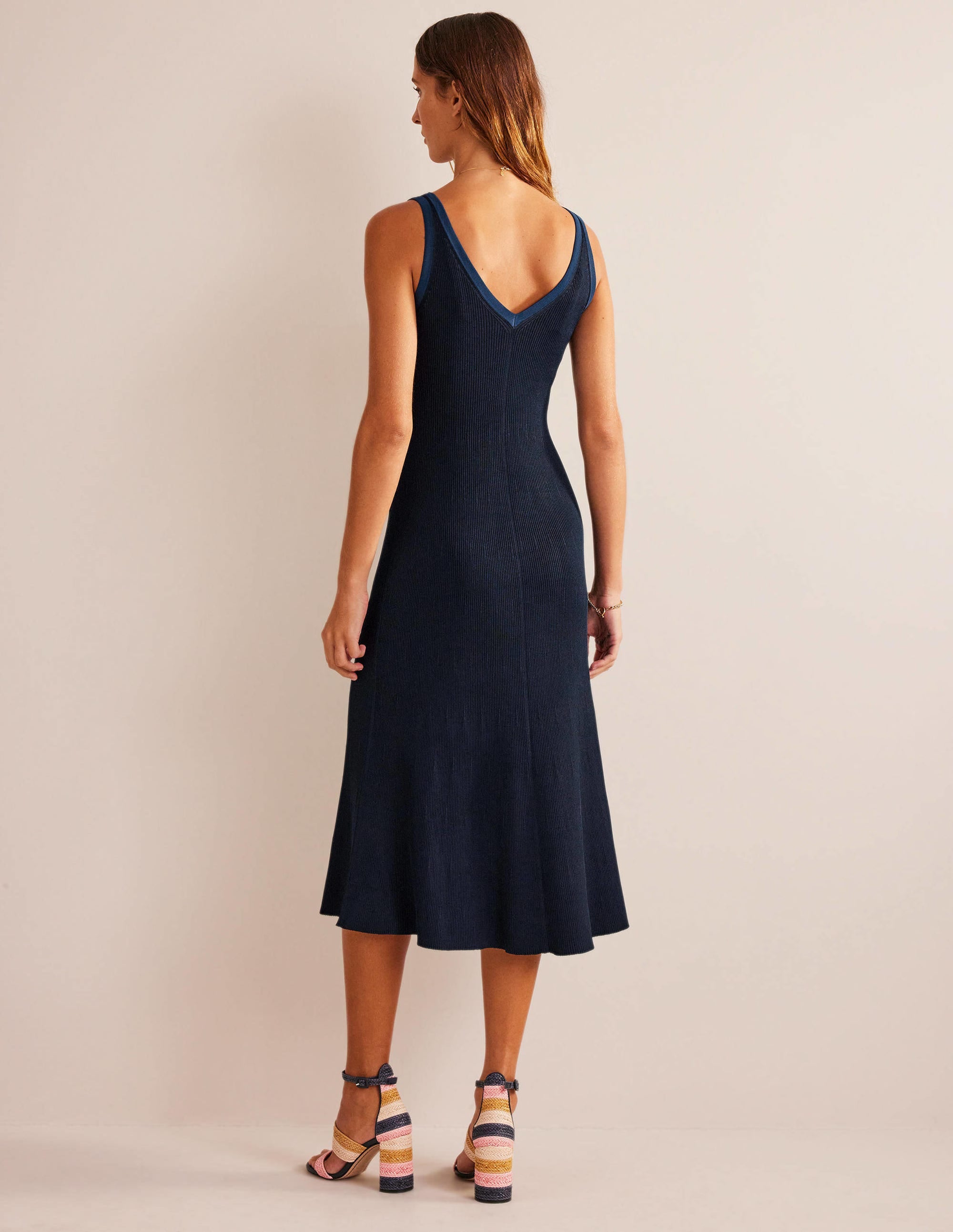 Robe longue en maille à col V-Bleu marine - Image 3