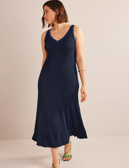 Robe longue en maille à col V-Bleu marine