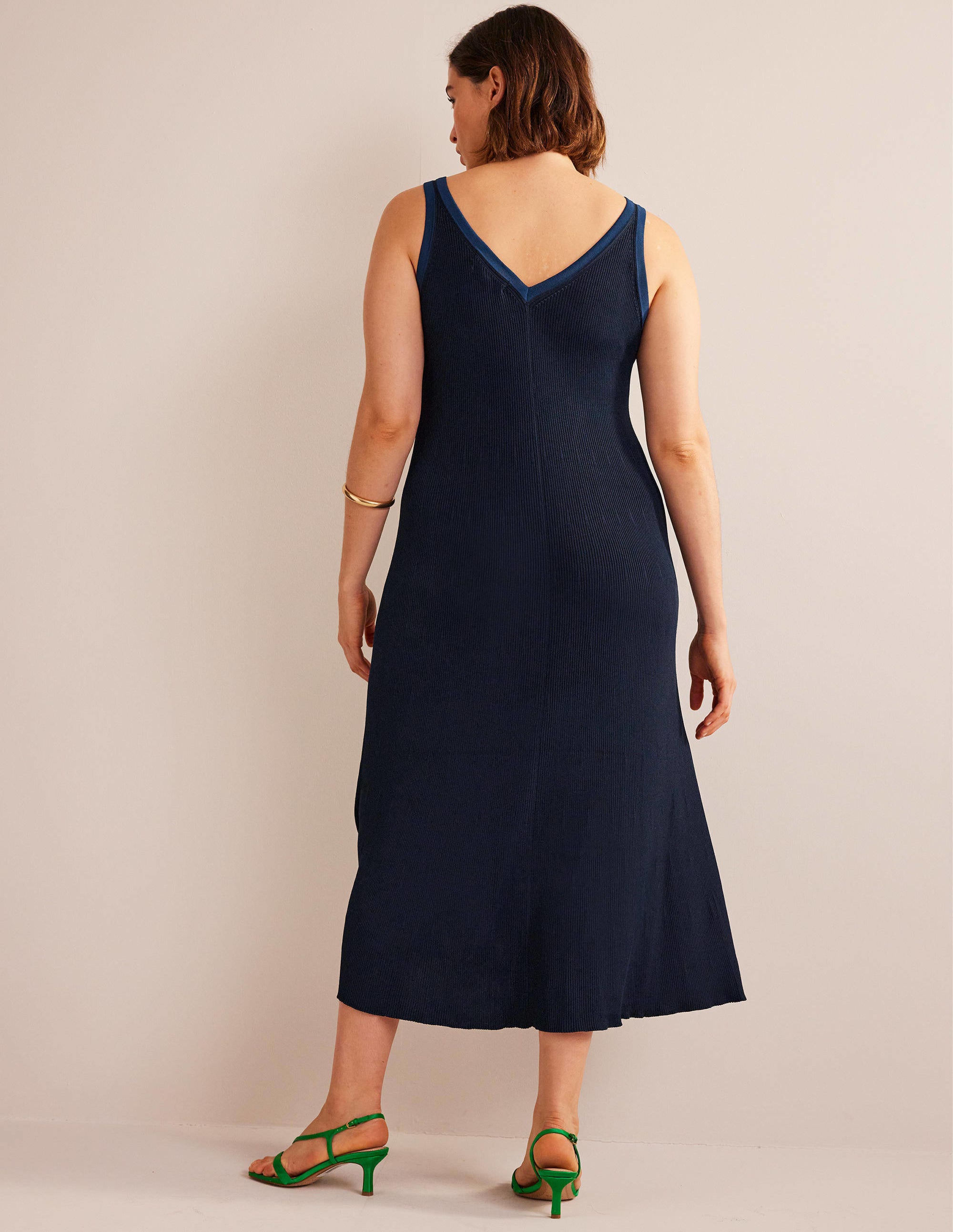 Robe longue en maille à col V-Bleu marine - Image 6