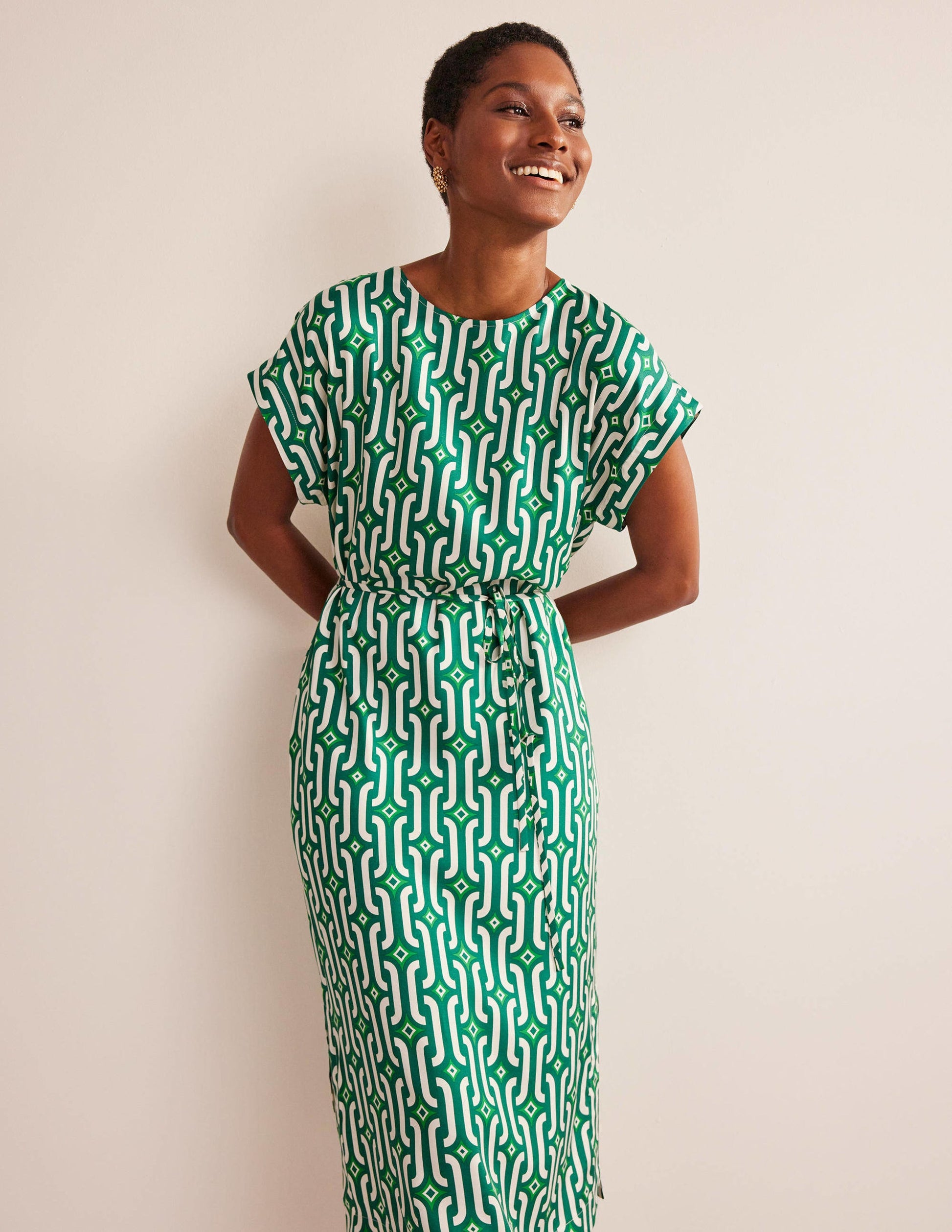 Midi-Säulenkleid mit kurzen Ärmeln-Helles Smaragdgrün, Geometrisches Muster-4