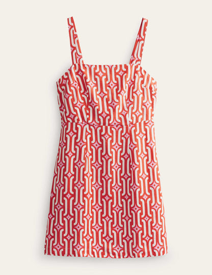 Strappy Linen Mini Dress-Blood Orange, Azure Geo