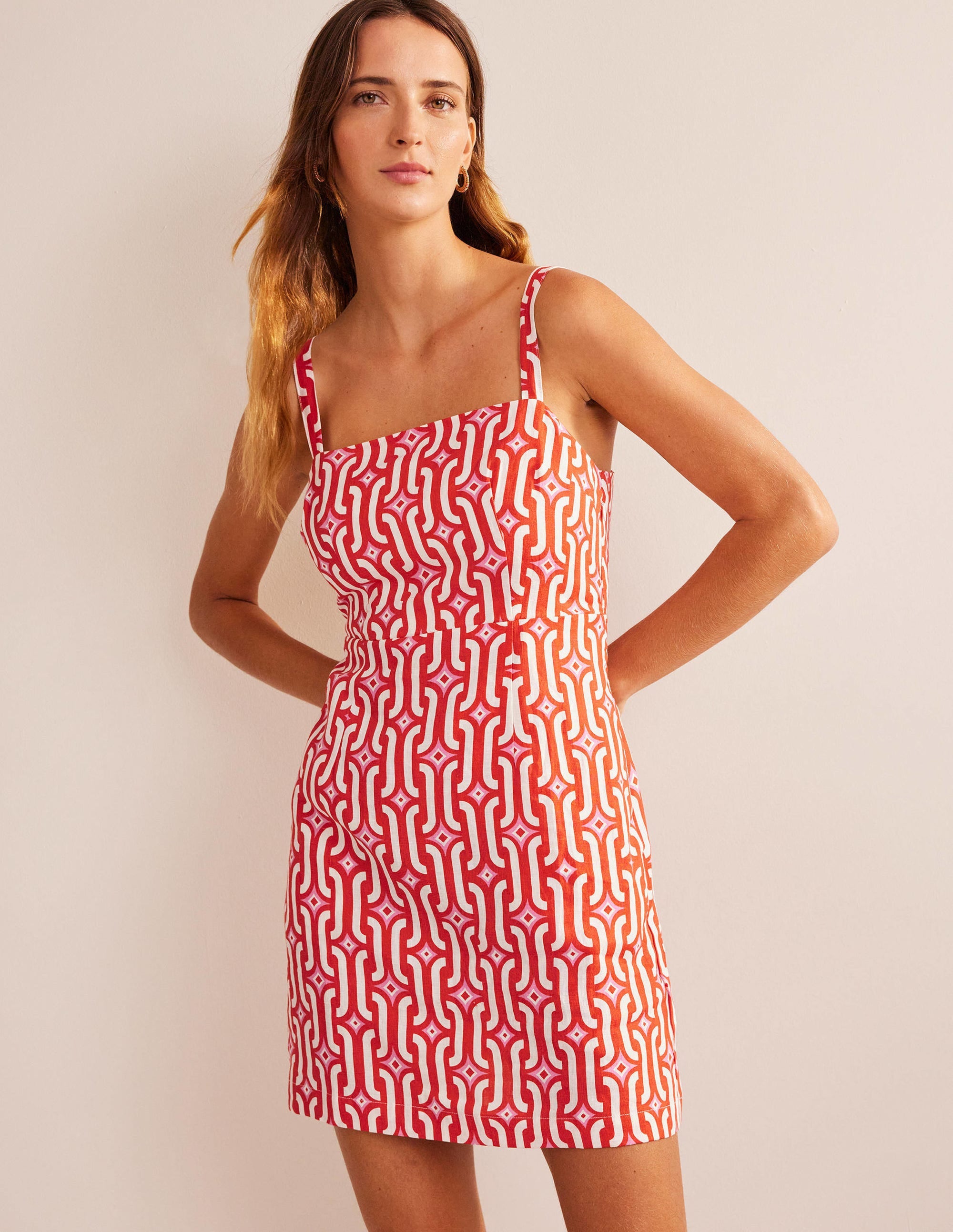 Strappy Linen Mini Dress-Blood Orange, Azure Geo - Image 1