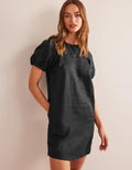Leinen-Minikleid mit Ärmeldetail-Schwarz