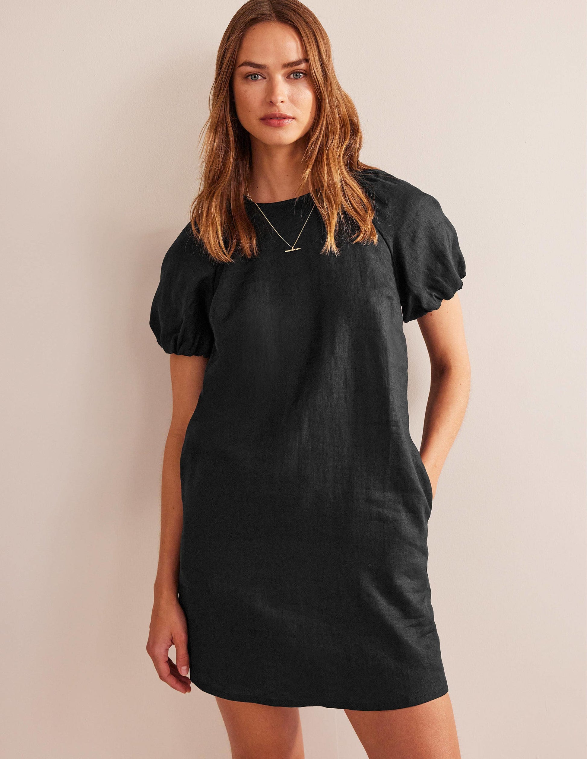 Leinen-Minikleid mit Ärmeldetail-Schwarz-4