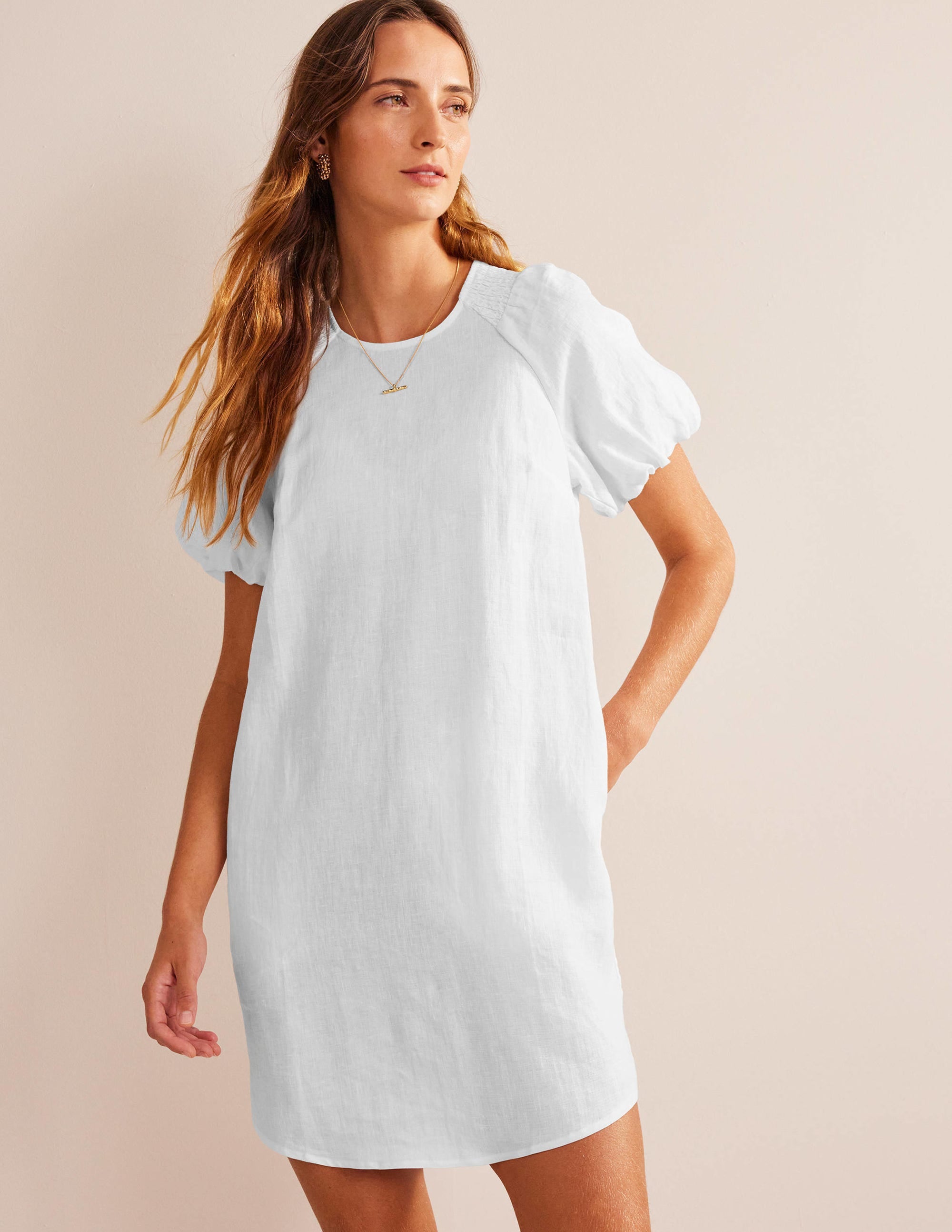 Leinen-Minikleid mit Ärmeldetail-Weiß - Image 1