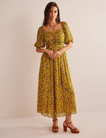 Neckholder-Maxikleid-Senfgelb, Blumenwiese-1