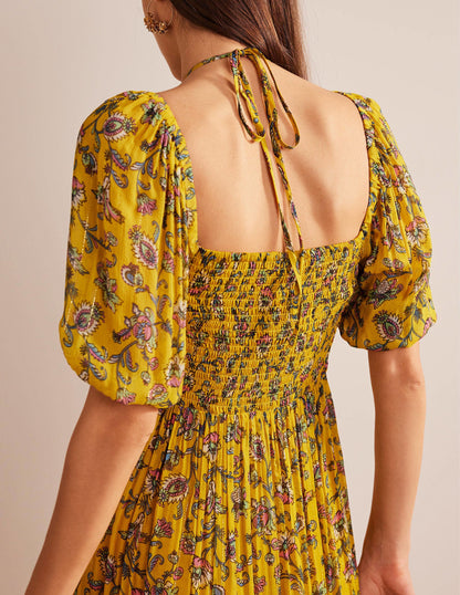 Neckholder-Maxikleid-Senfgelb, Blumenwiese-2