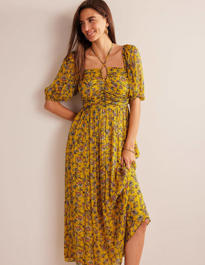Neckholder-Maxikleid-Senfgelb, Blumenwiese-4