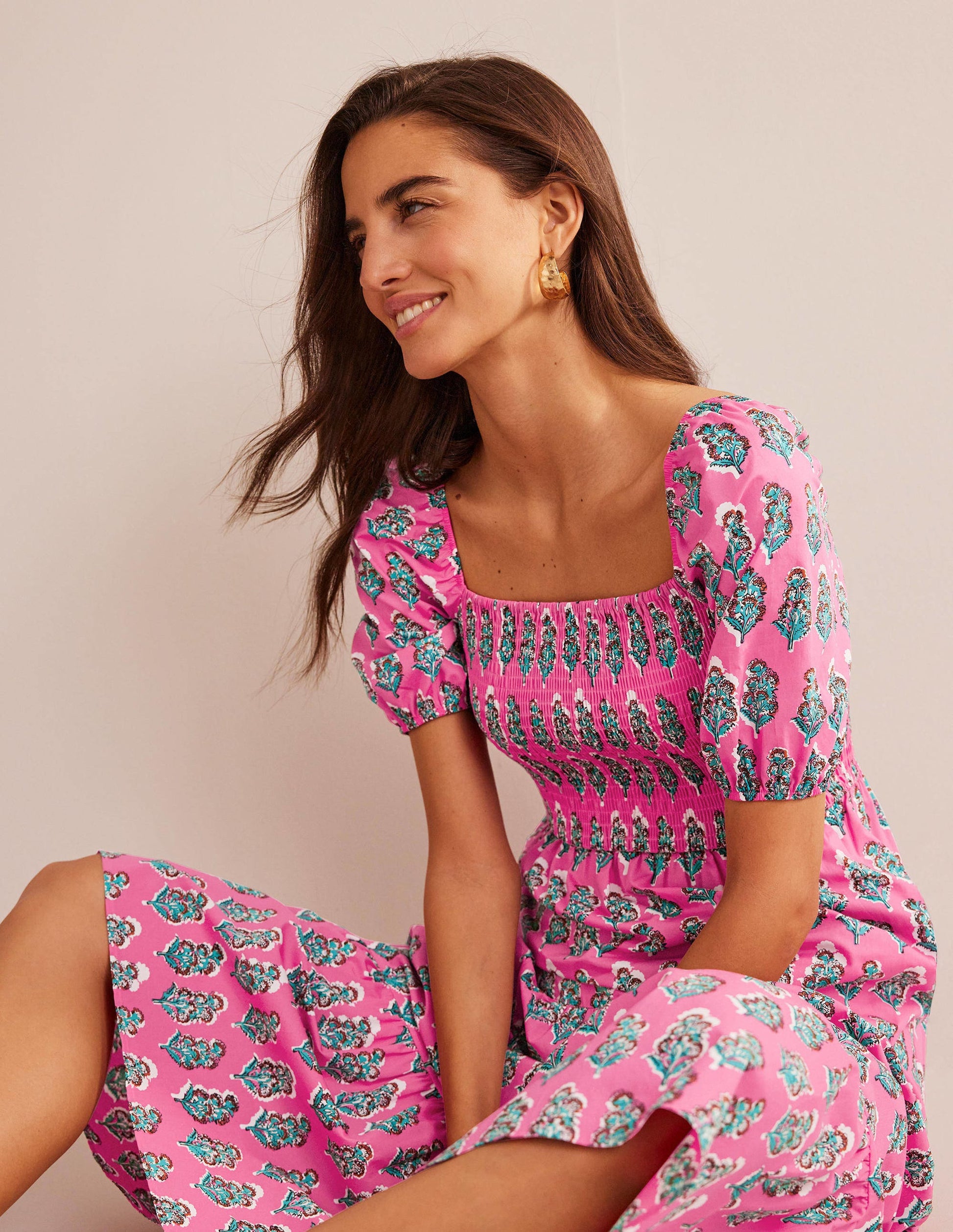 Maxikleid mit gesmoktem Oberteil-Festivalrosa, Kunstvolle Blumen-1