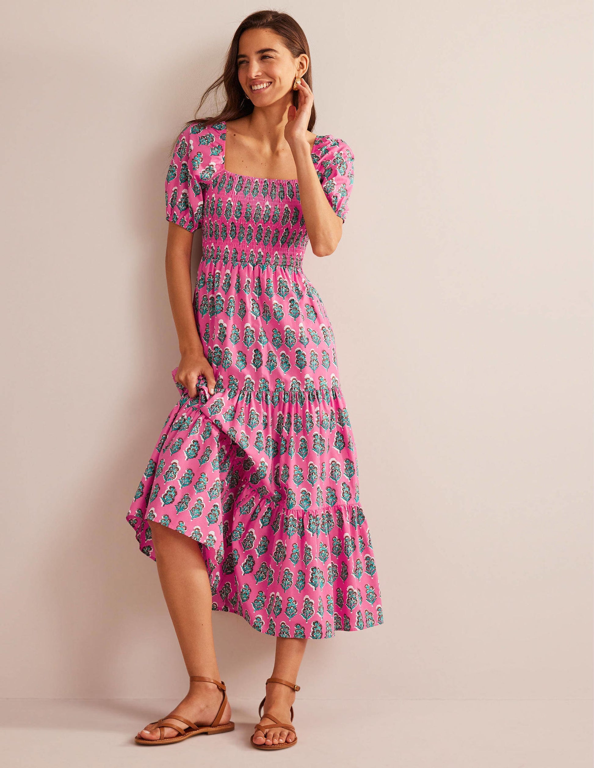 Maxikleid mit gesmoktem Oberteil-Festivalrosa, Kunstvolle Blumen-2