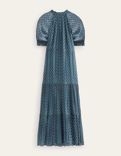 Gestuftes Maxikleid mit Bindeband am Nacken-Blau, Paisleymuster/Blumenzweige