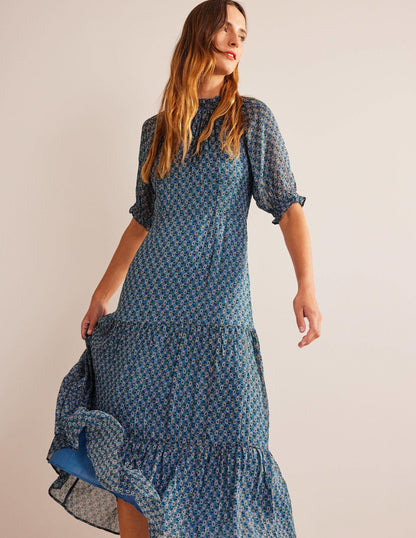 Gestuftes Maxikleid mit Bindeband am Nacken-Blau, Paisleymuster/Blumenzweige