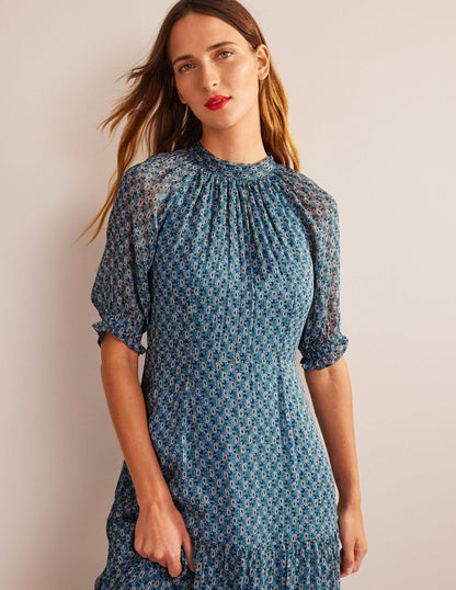 Gestuftes Maxikleid mit Bindeband am Nacken-Blau, Paisleymuster/Blumenzweige