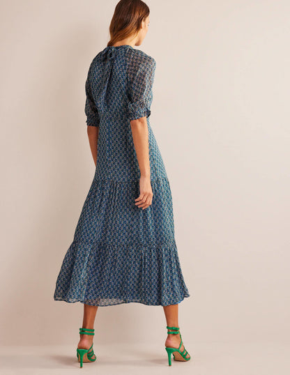 Gestuftes Maxikleid mit Bindeband am Nacken-Blau, Paisleymuster/Blumenzweige