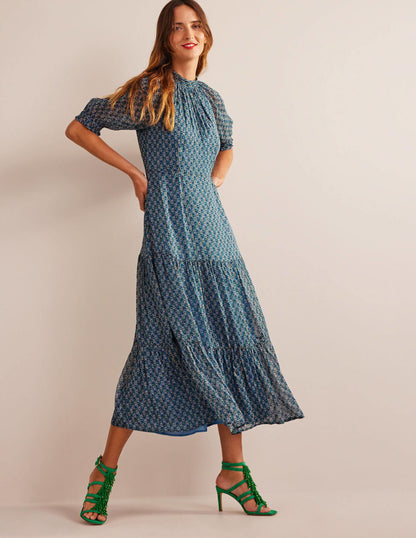 Gestuftes Maxikleid mit Bindeband am Nacken-Blau, Paisleymuster/Blumenzweige
