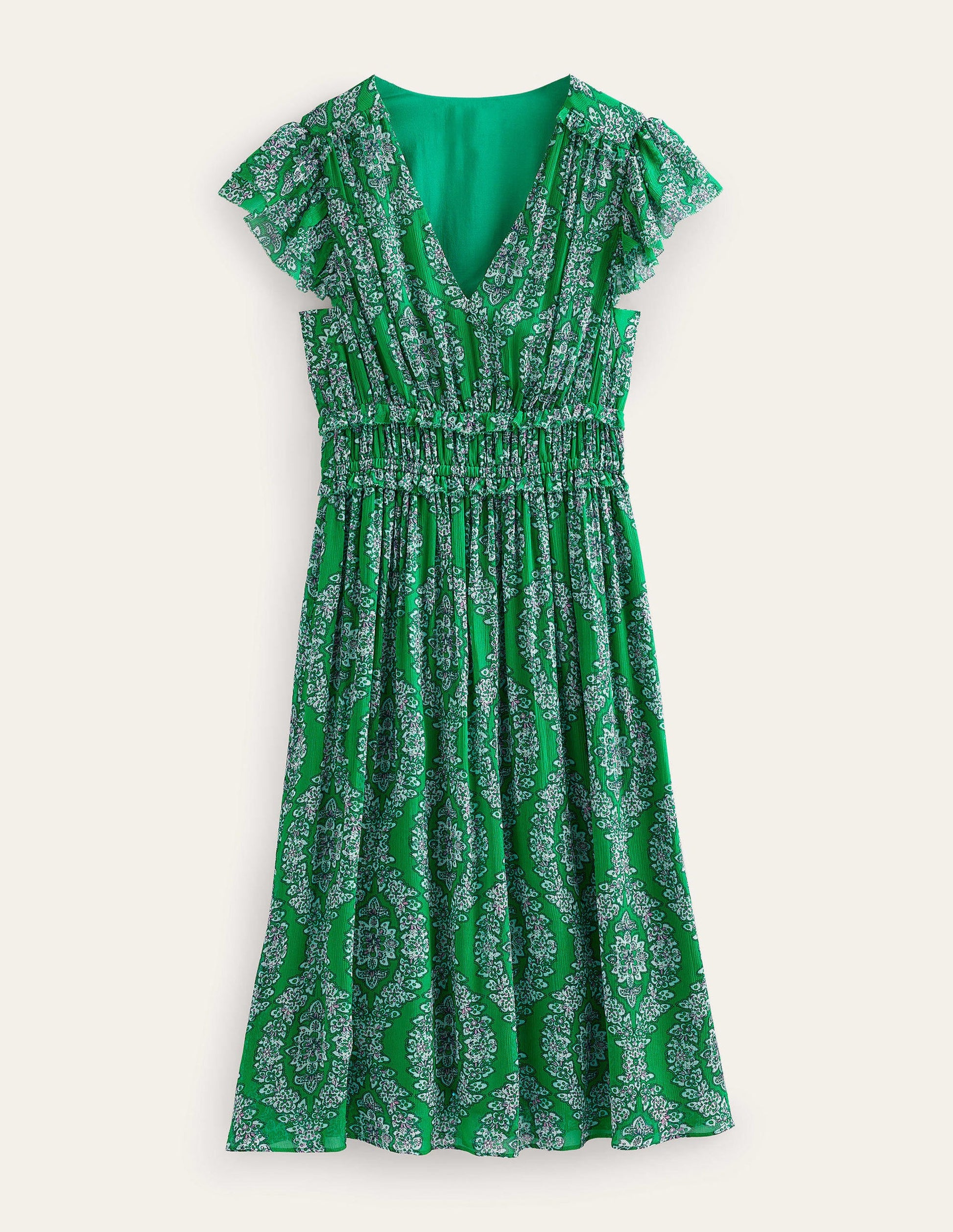 Robe midi avec taille froncée-Émeraude profond, motif Botanic Wreath-8