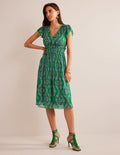 Robe midi avec taille froncée-Émeraude profond, motif Botanic Wreath