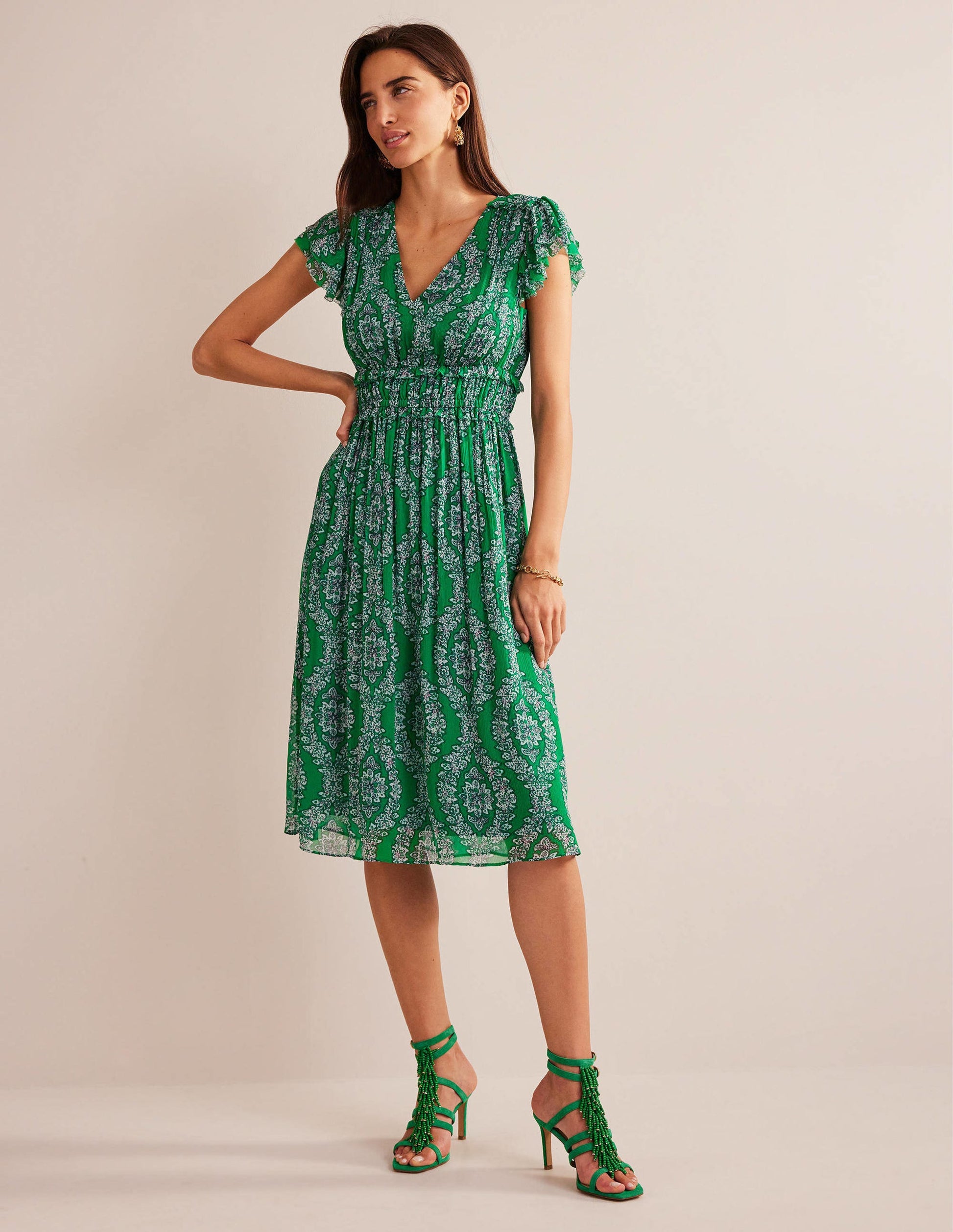 Robe midi avec taille froncée-Émeraude profond, motif Botanic Wreath-1